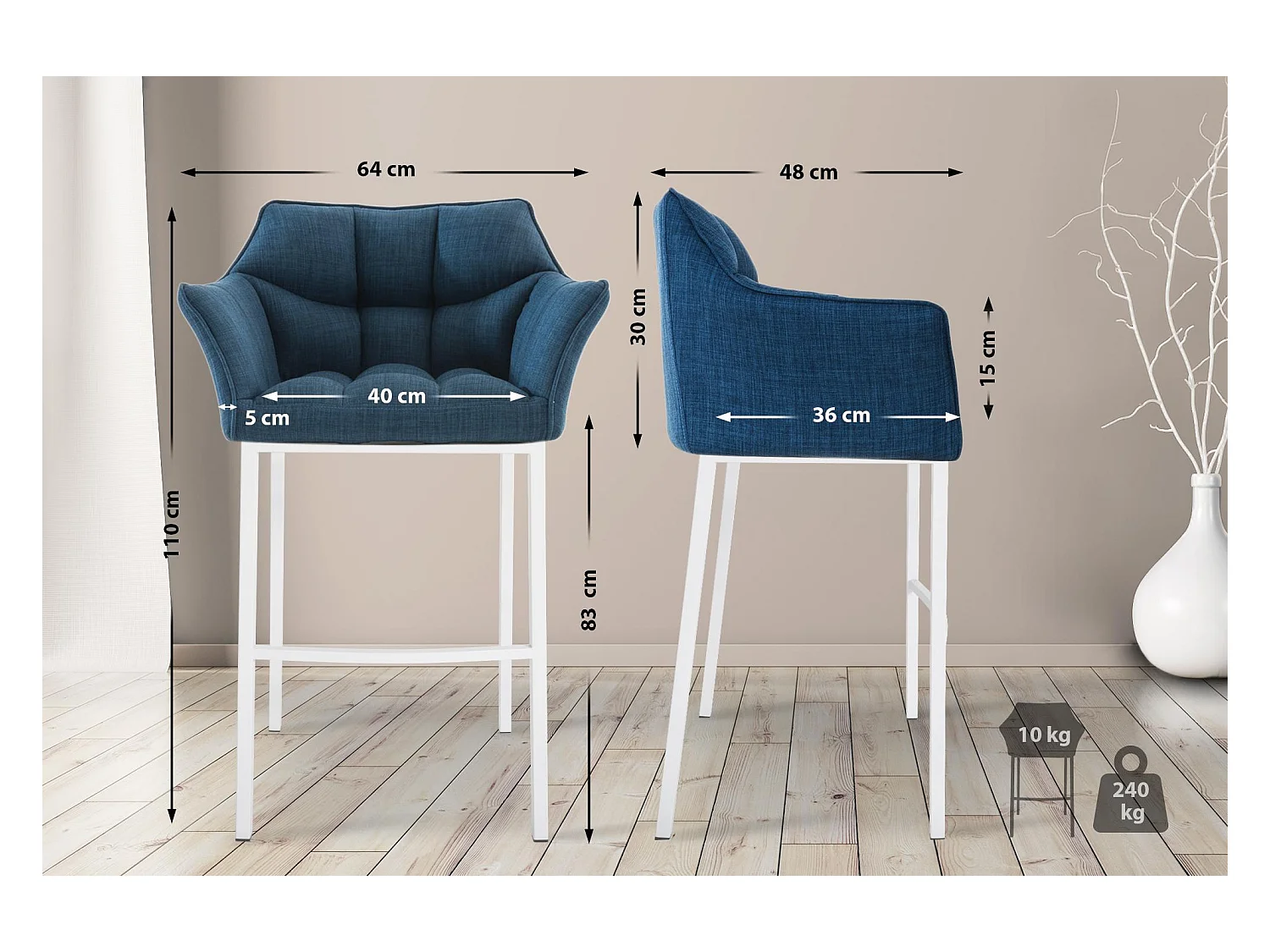 Lot de 2  Tabouret de bar - Tissu & Blanc - Bleu - Damaso