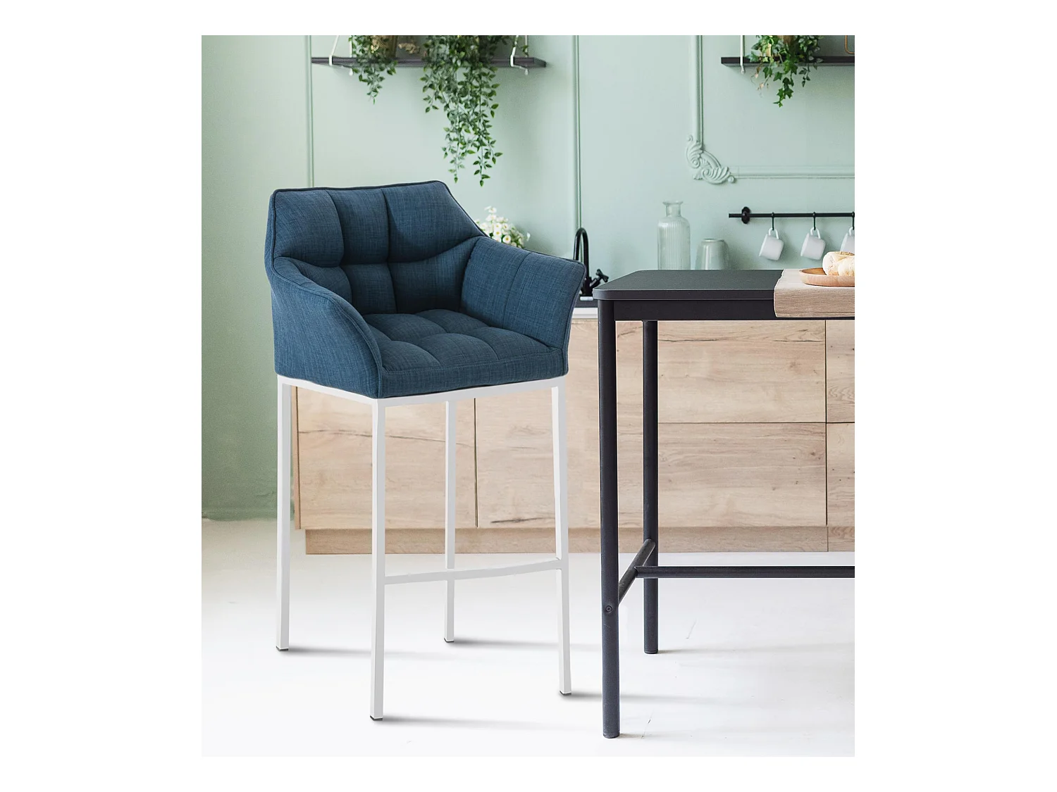 Lot de 2  Tabouret de bar - Tissu & Blanc - Bleu - Damaso