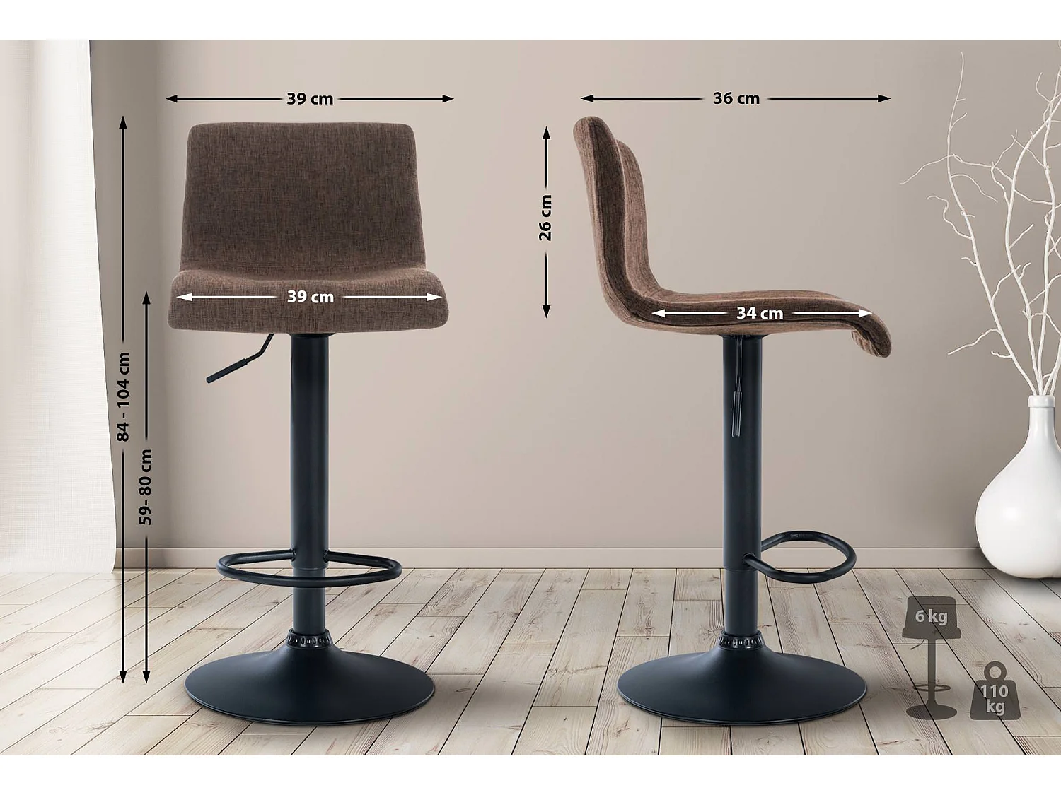 Tabouret de bar - Tissu & Métal noir mat - Marron - Hover