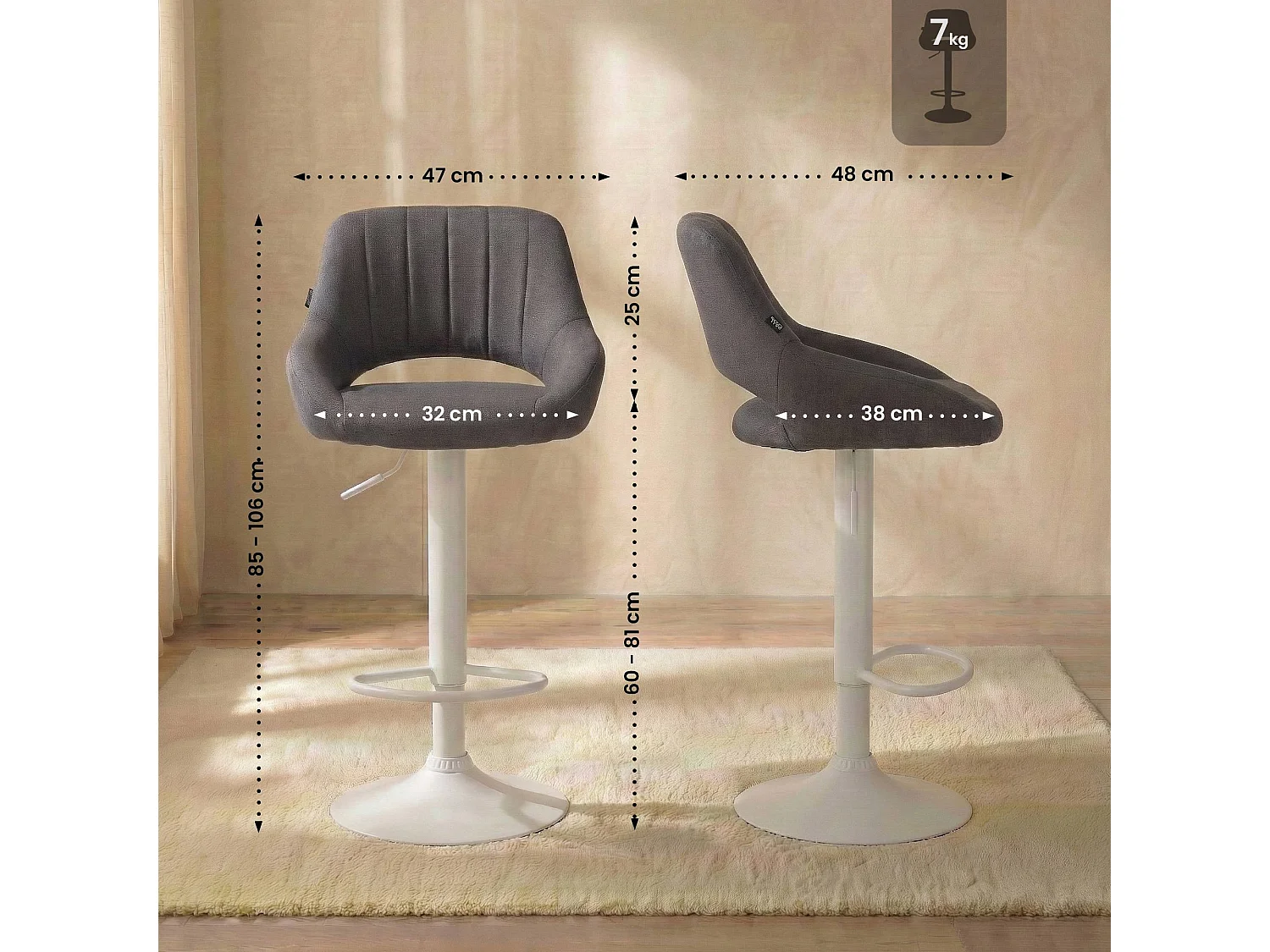 Tabouret de bar - Tissu & Blanc - Gris foncé - Milet