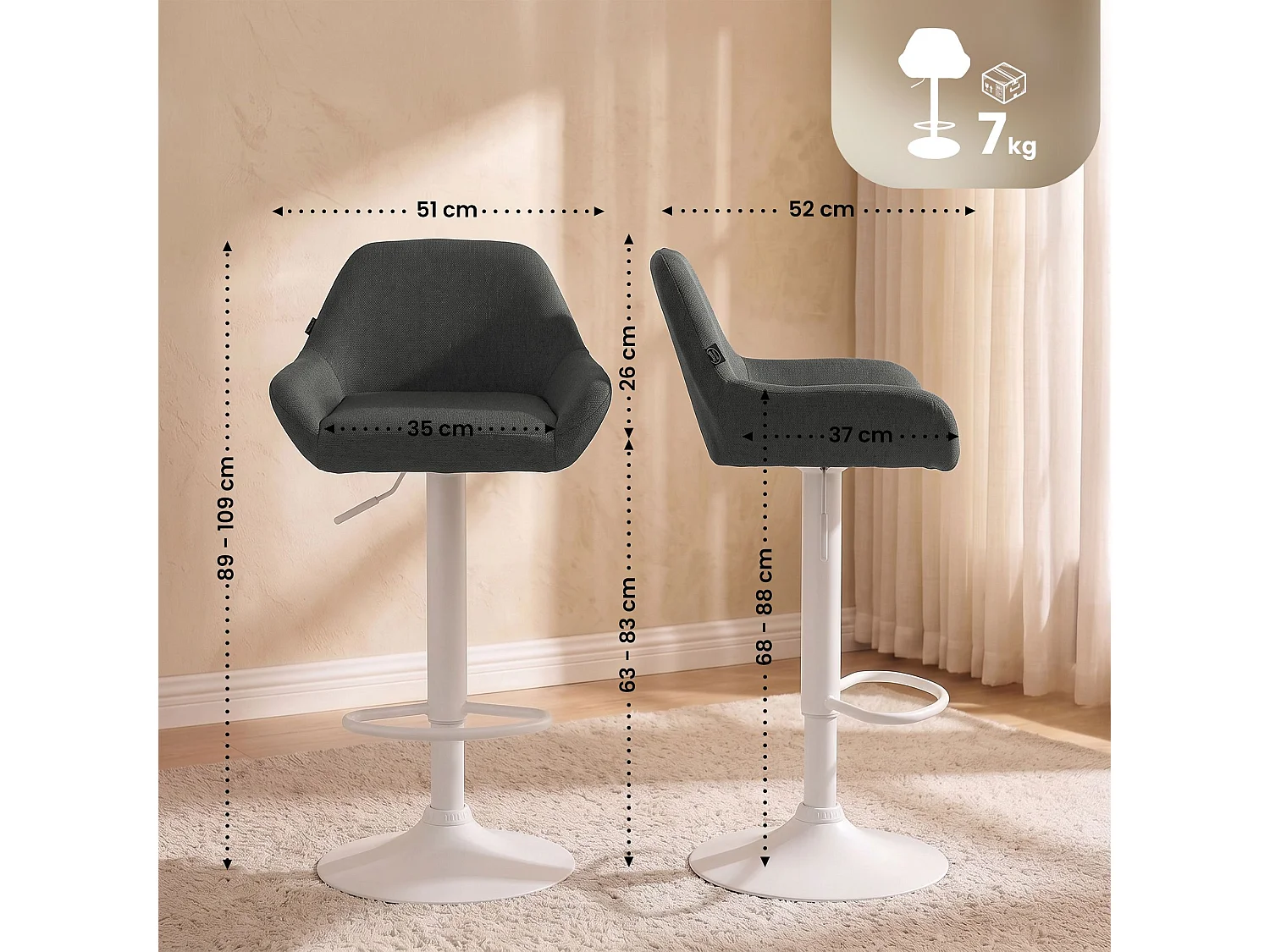 Lot de 2  Tabouret de bar - Tissu & Blanc - Gris foncé - Braga