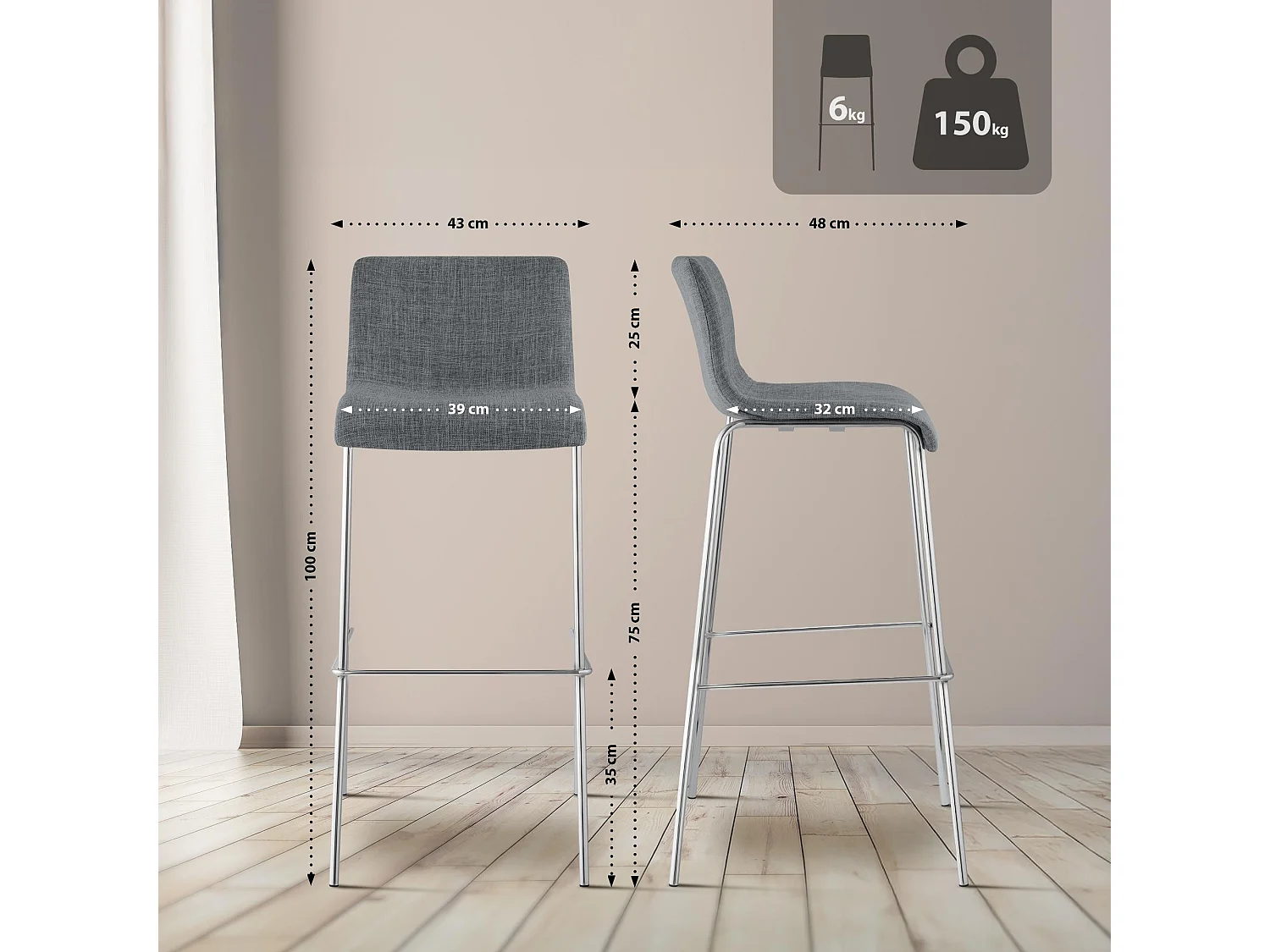 Lot de 2  Tabouret de bar - Tissu & Chrome - Gris clair - Hover