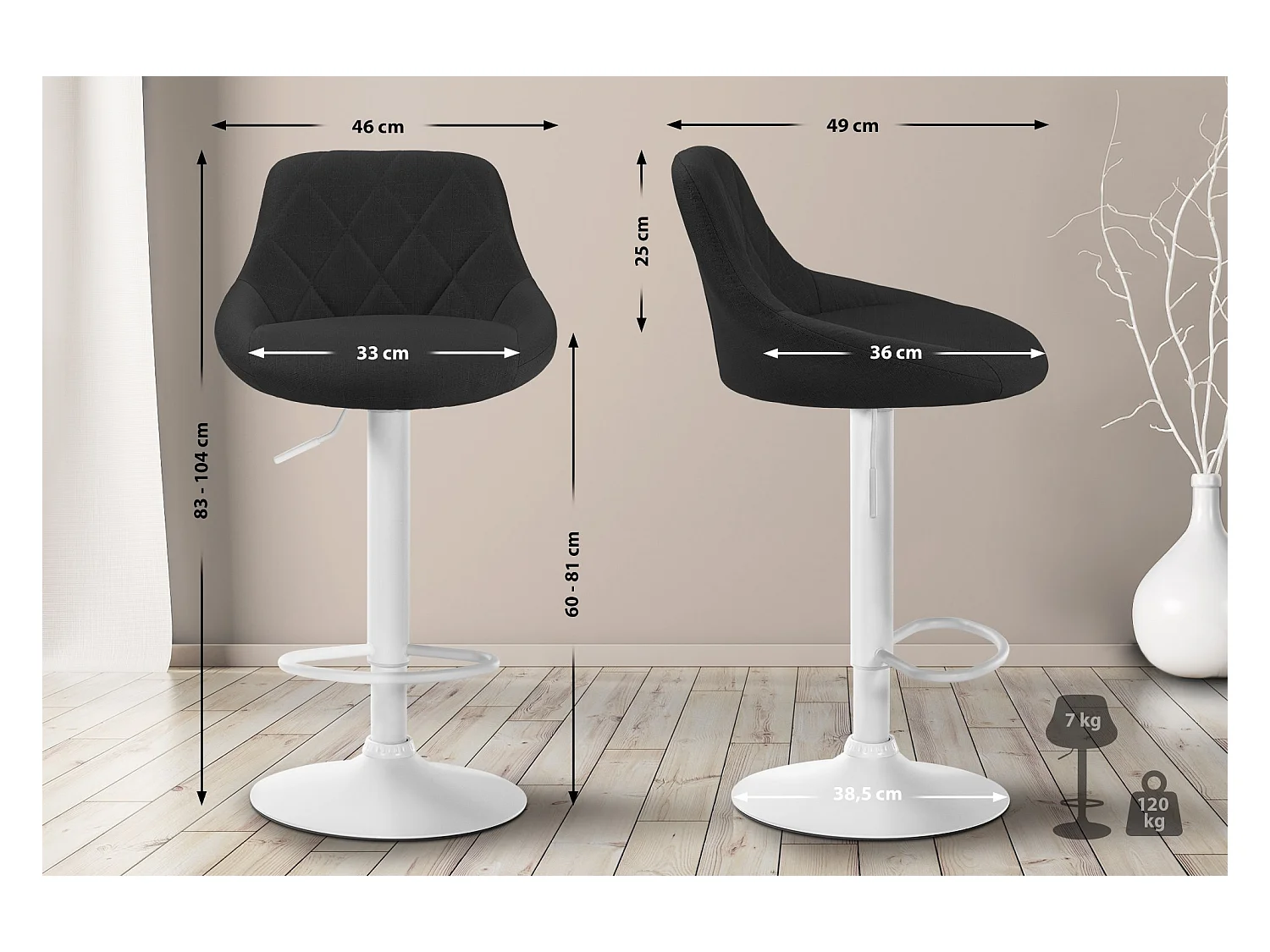 Tabouret de bar - Tissu & Blanc - Noir - Lazio