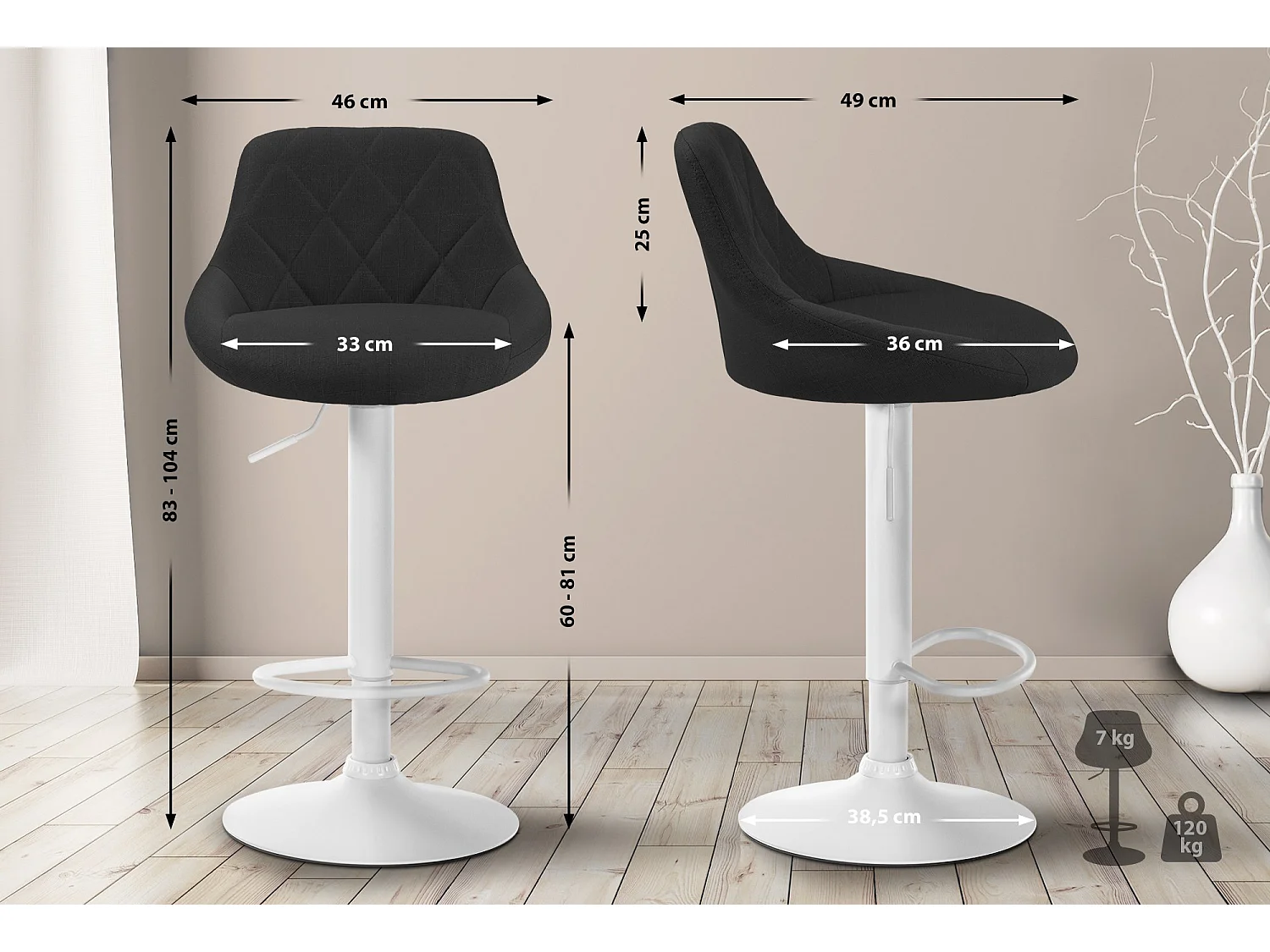 Tabouret de bar - Tissu & Blanc - Noir - Lazio