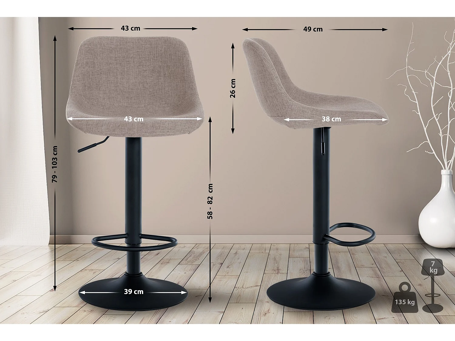 Lot de 2  Tabouret de bar - Tissu - Taupe - Loft