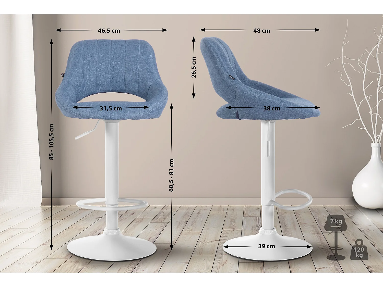 Tabouret de bar - Tissu & Blanc - Bleu - Milet