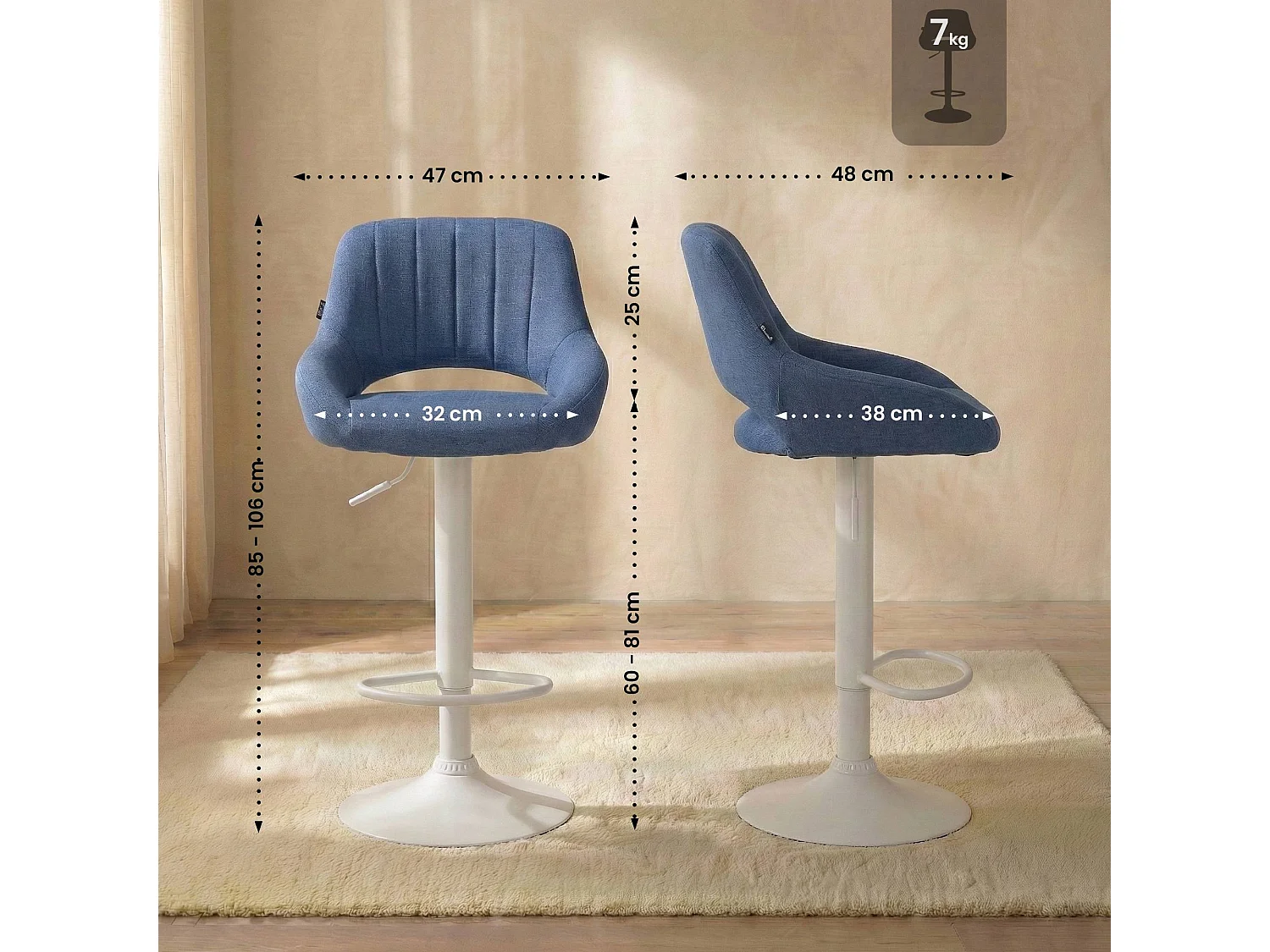 Tabouret de bar - Tissu & Blanc - Bleu - Milet