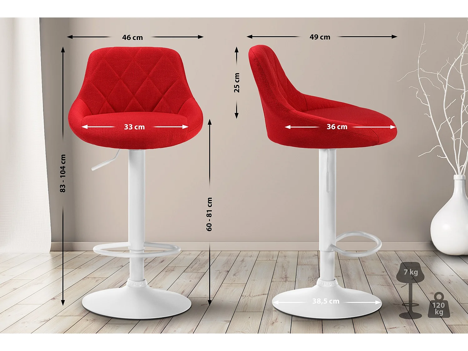 Tabouret de bar - Tissu & Blanc - Rouge - Lazio