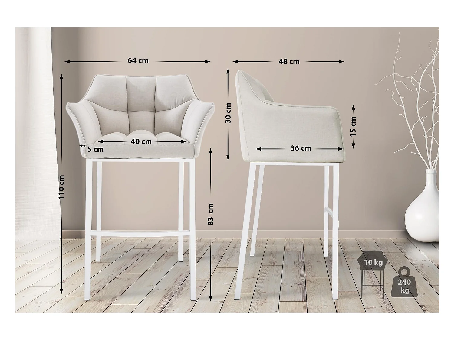 Lot de 2  Tabouret de bar - Tissu & Blanc - Blanc - Damaso
