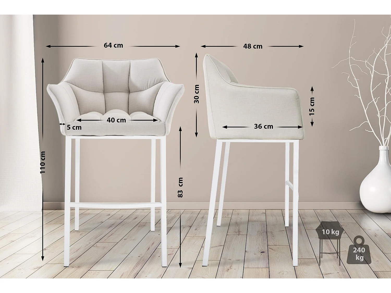 Lot de 2  Tabouret de bar - Tissu & Blanc - Blanc - Damaso