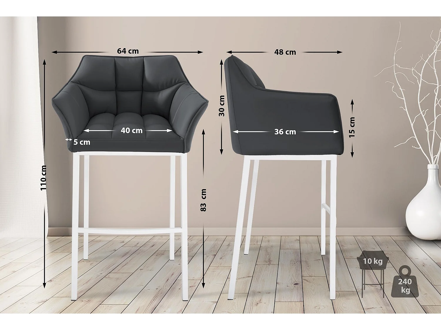 Tabouret de bar - Similicuir & Blanc - Gris - Damaso