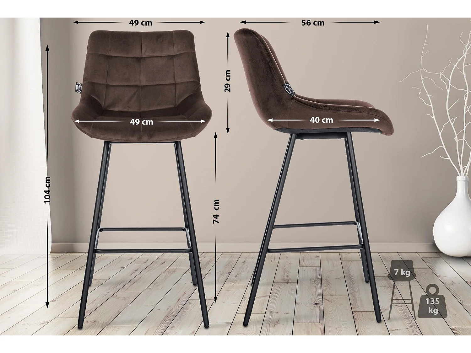 Tabouret de bar - Velours - Marron - Weston