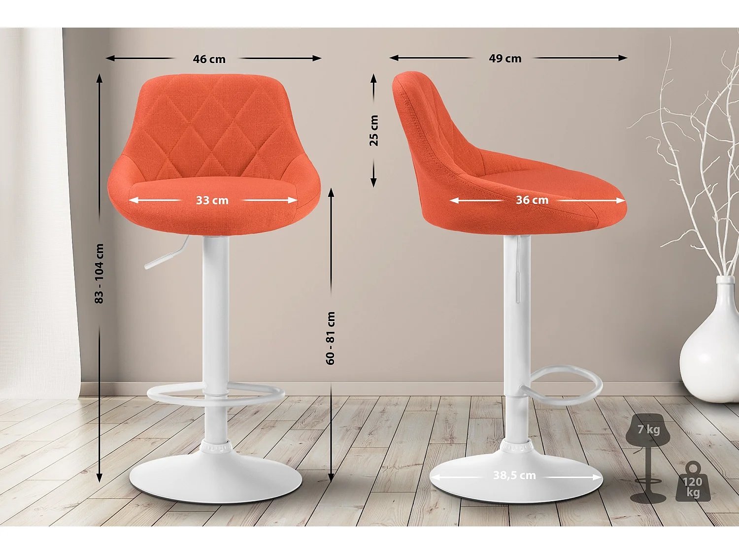 Tabouret de bar - Tissu & Blanc - Orange - Lazio