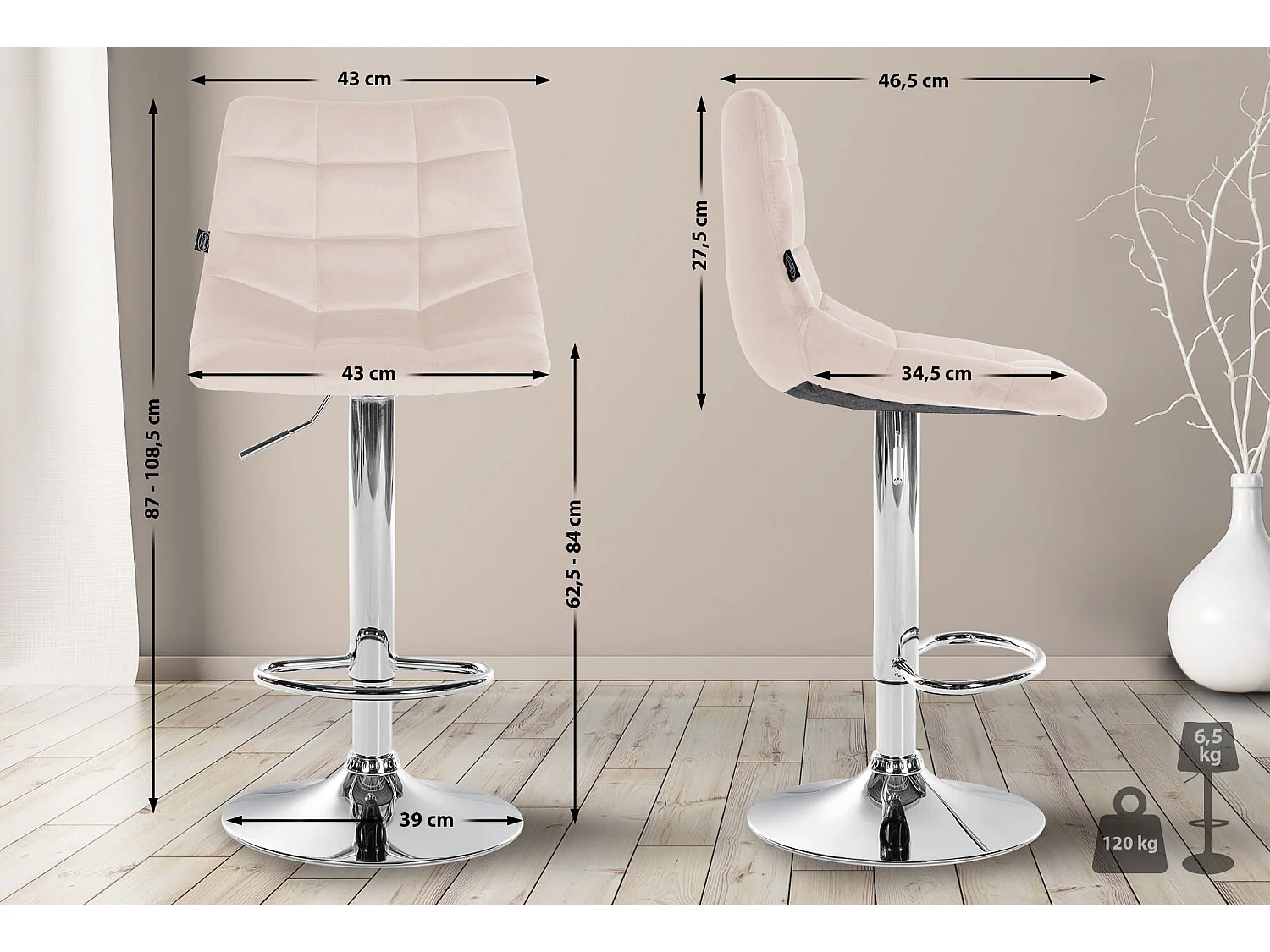 Tabouret de bar - Velours & Chrome - Beige - Jerry