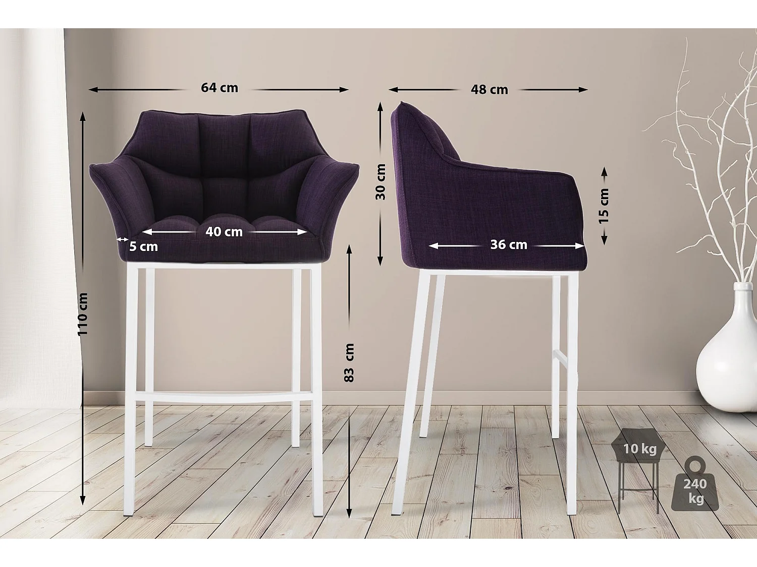 Lot de 2  Tabouret de bar - Tissu & Blanc - Violet - Damaso