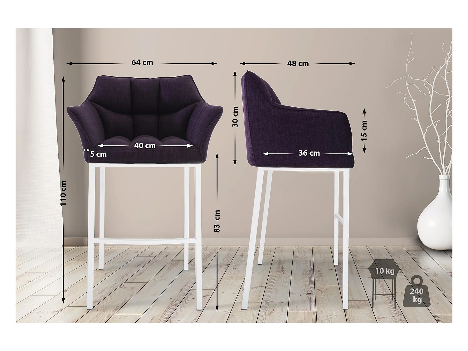 Lot de 2  Tabouret de bar - Tissu & Blanc - Violet - Damaso