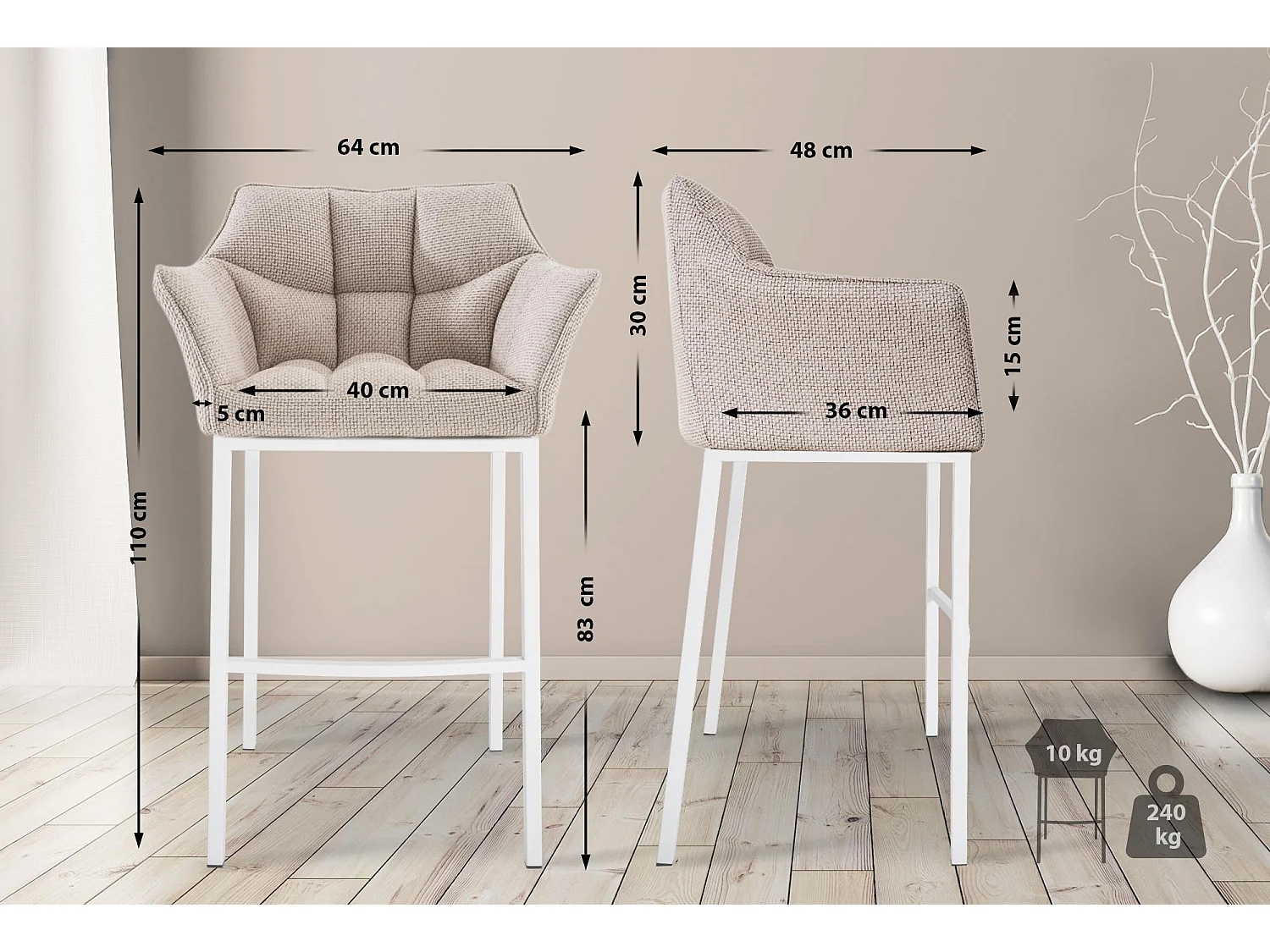 Lot de 2  Tabouret de bar - Tissu & Blanc - Ivoire - Damaso