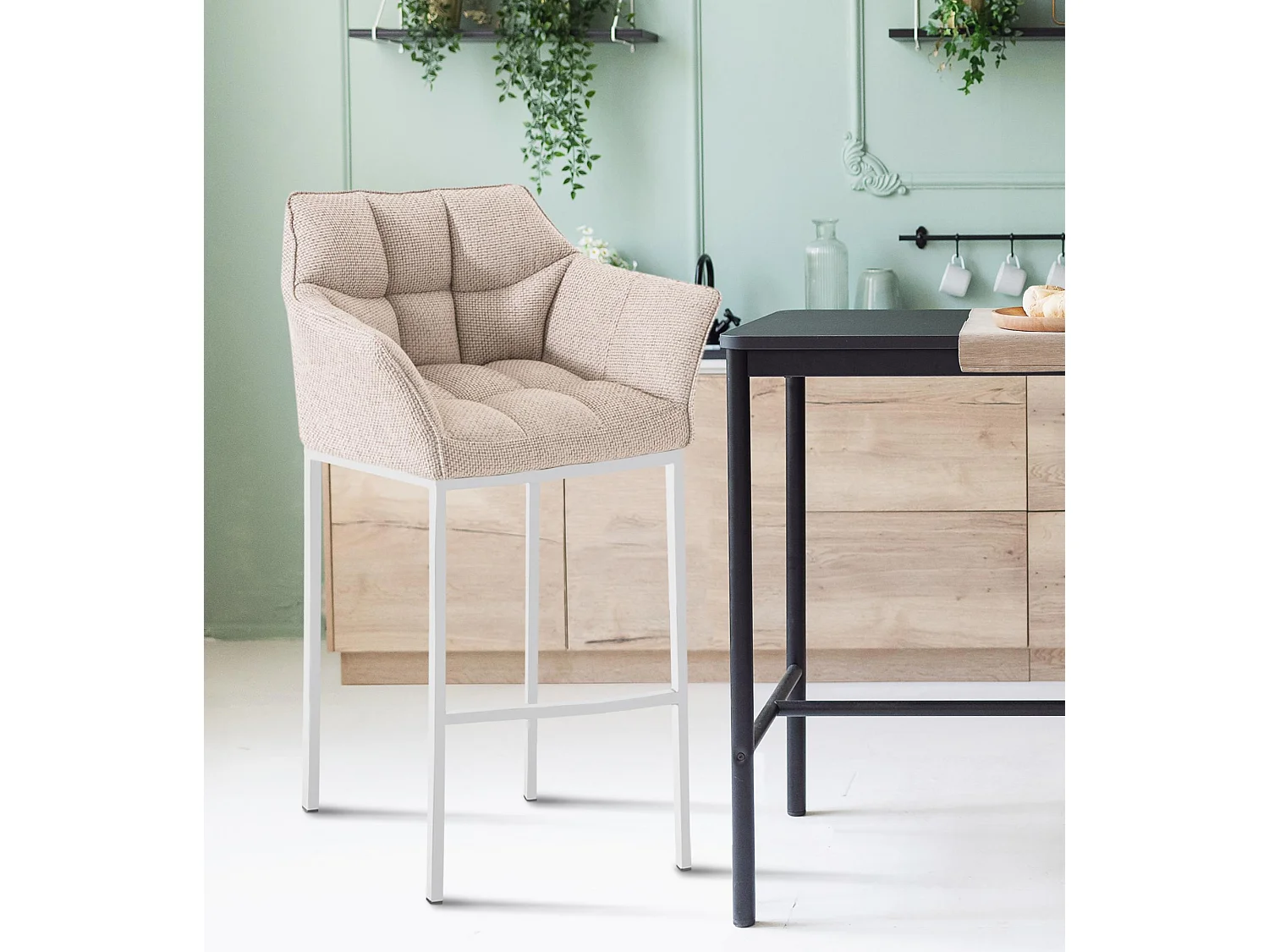 Lot de 2  Tabouret de bar - Tissu & Blanc - Ivoire - Damaso