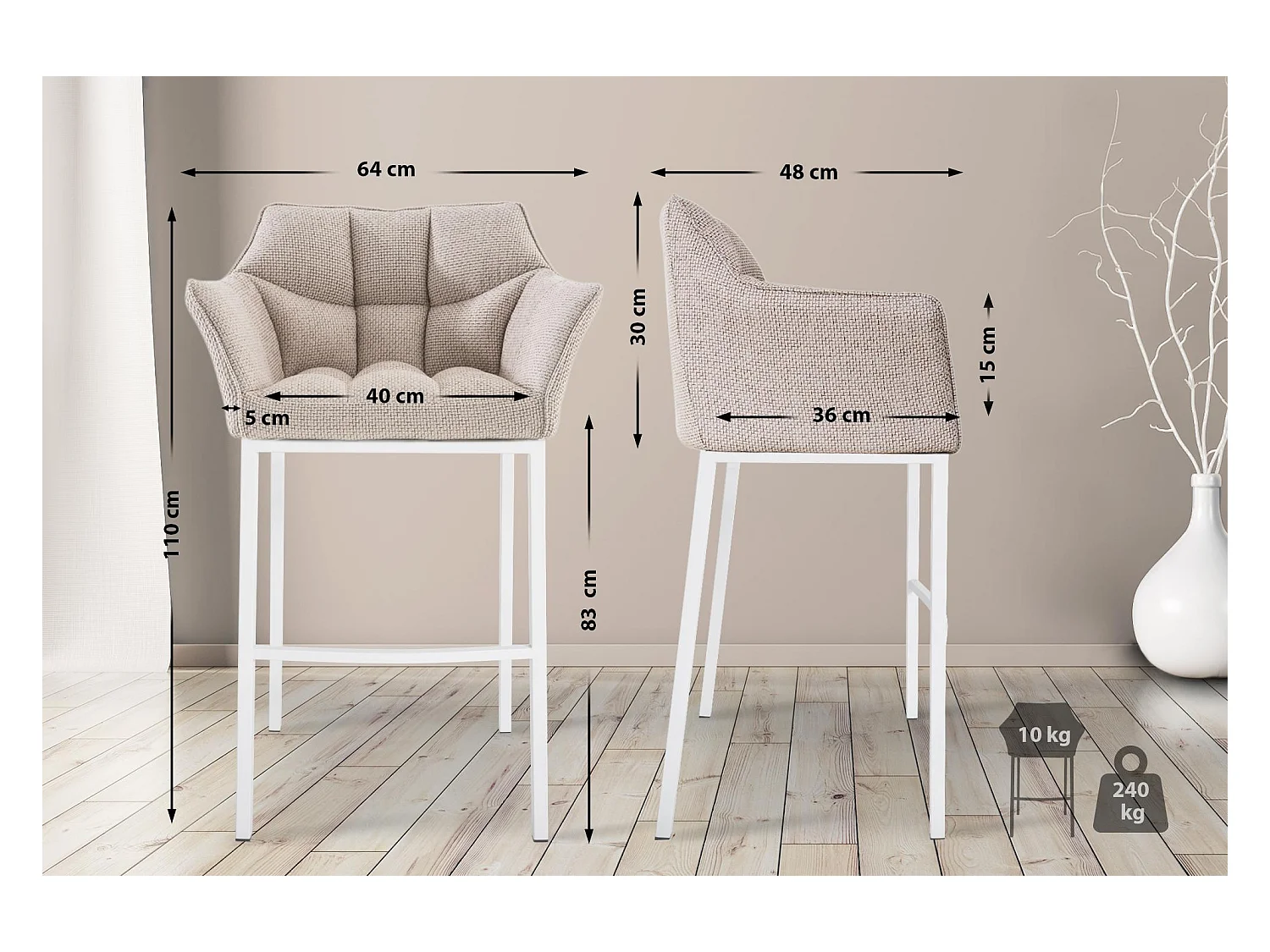 Lot de 2  Tabouret de bar - Tissu & Blanc - Ivoire - Damaso