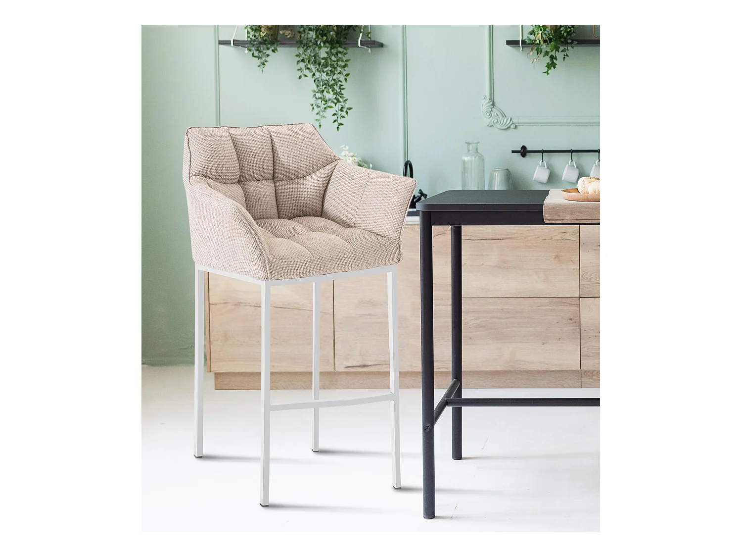 Lot de 2  Tabouret de bar - Tissu & Blanc - Ivoire - Damaso