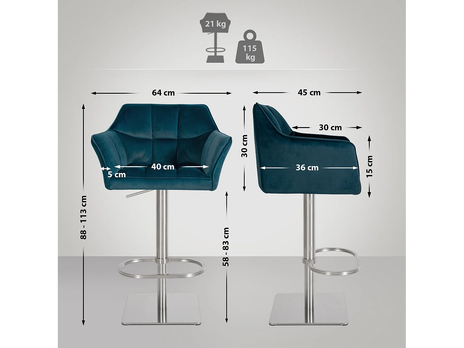 Tabouret de bar - Velours & Acier inoxydable - Vert - Damaso
