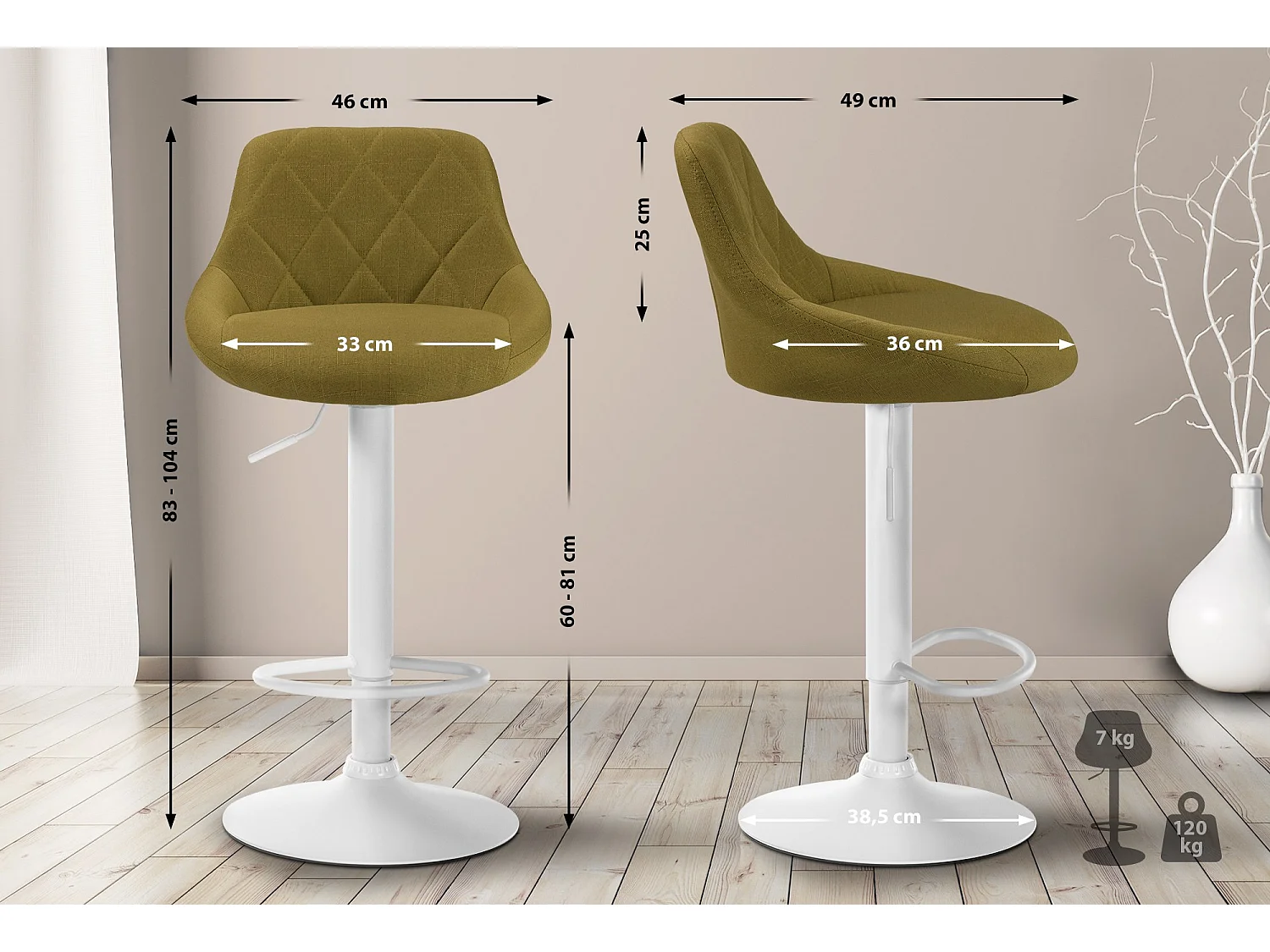 Tabouret de bar - Tissu & Blanc - Vert - Lazio