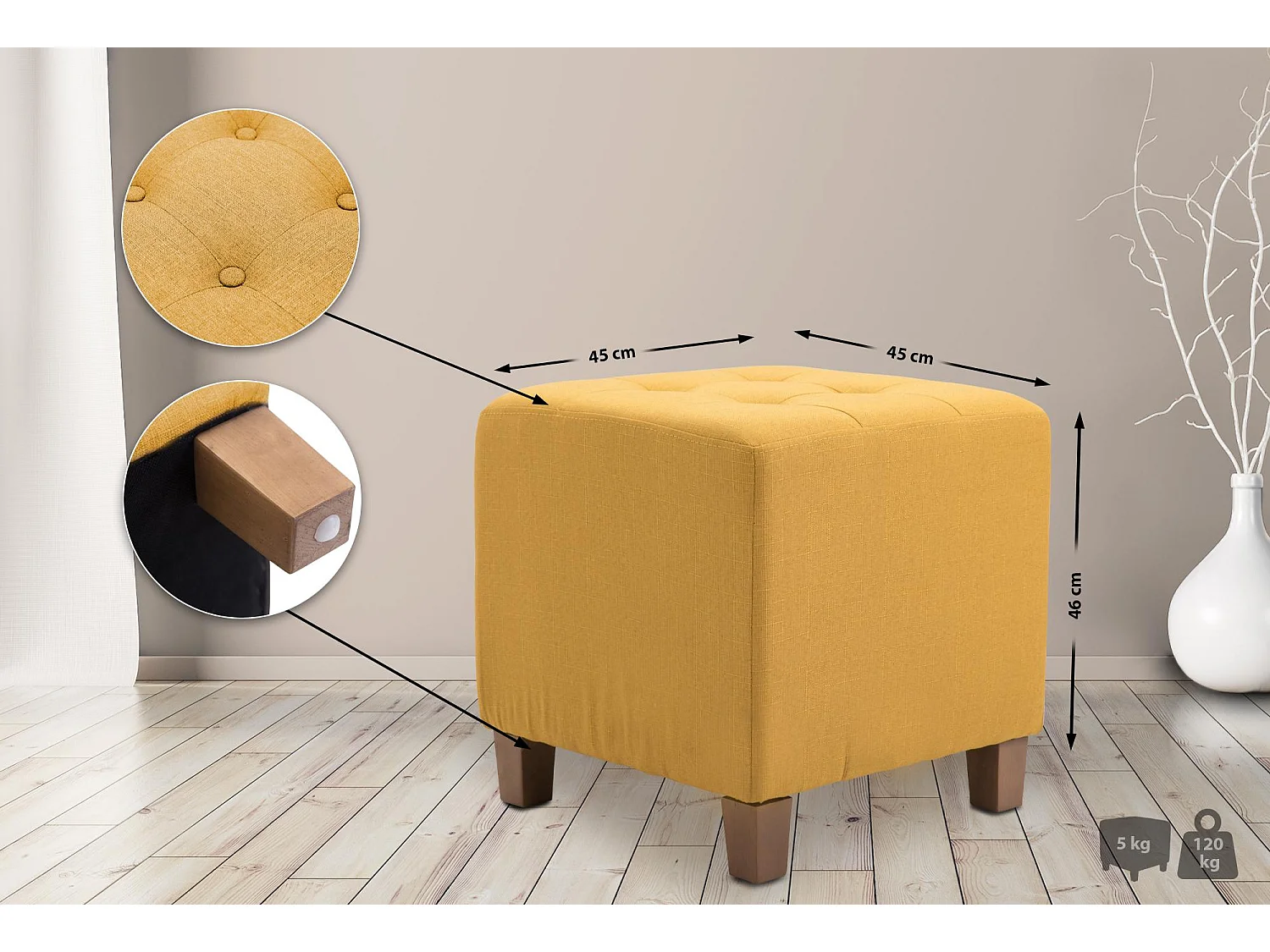 Tabouret - Tissu & Bois - Jaune - Pharao