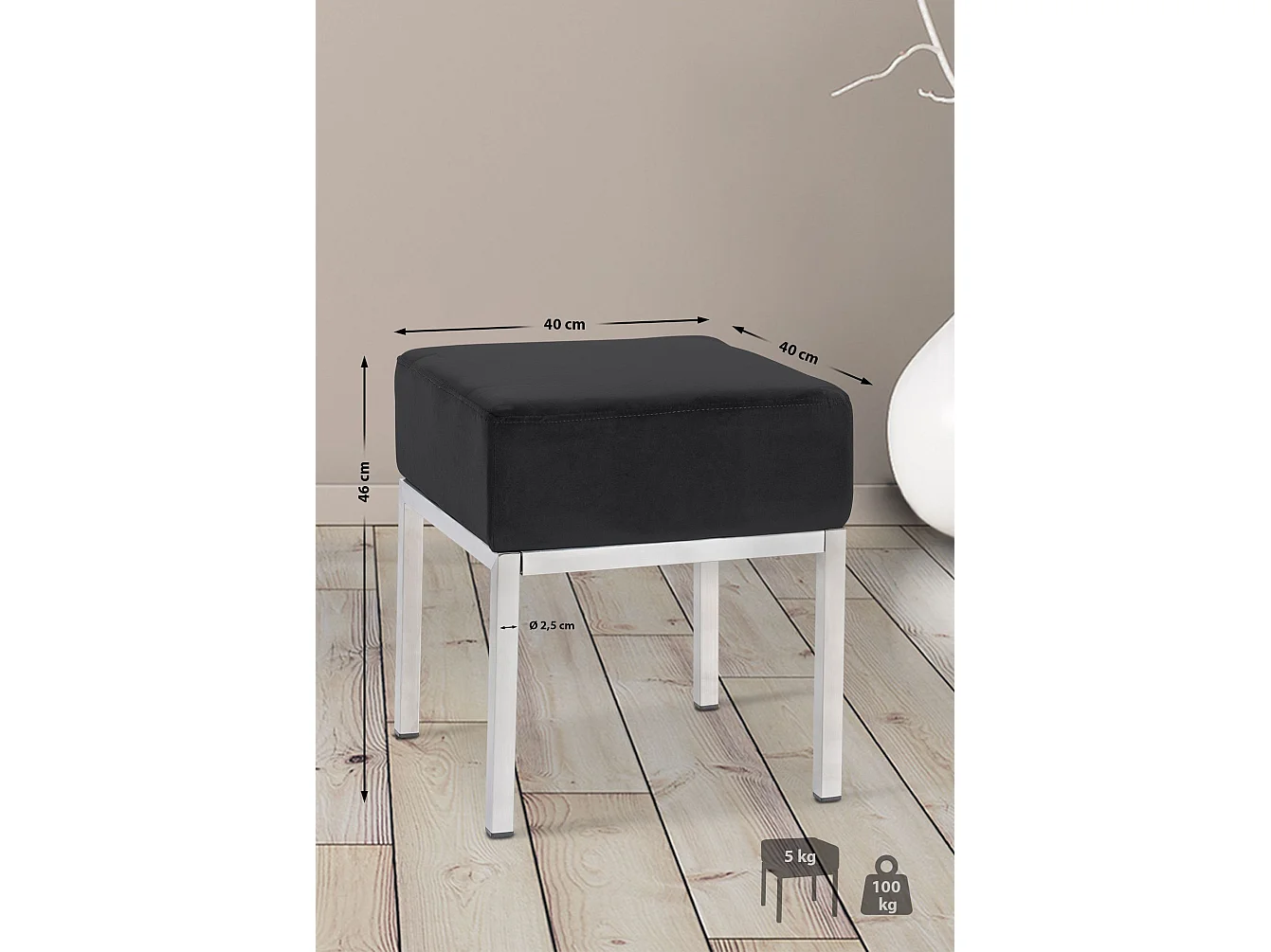 Tabouret - Velours & Acier inoxydable - Noir - Lamega