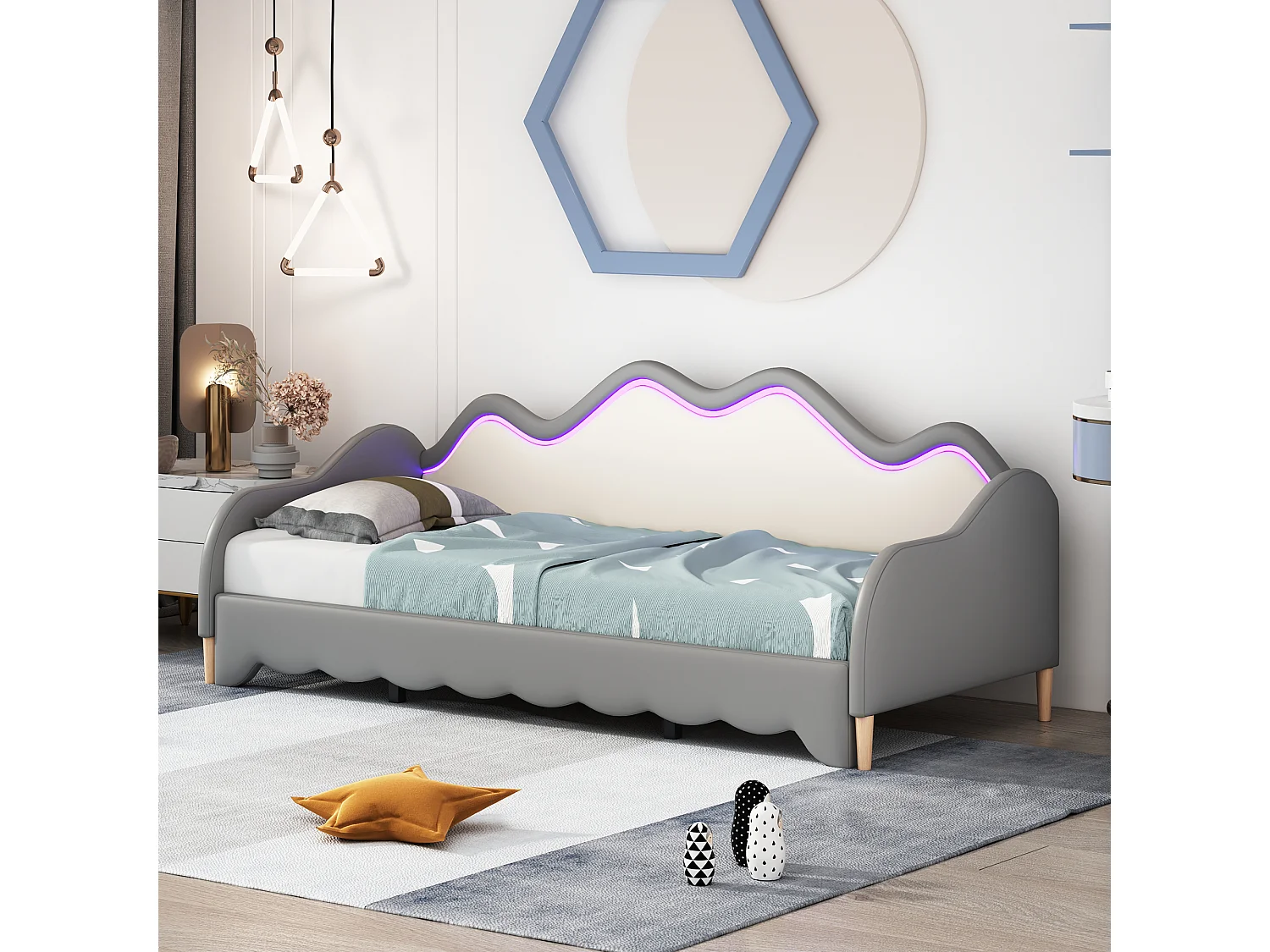 Ausziehbett 90(180) x 190 cm – Schlafsofa mit LED-Beleuchtung – Holzlattenrost – graues Kunstleder