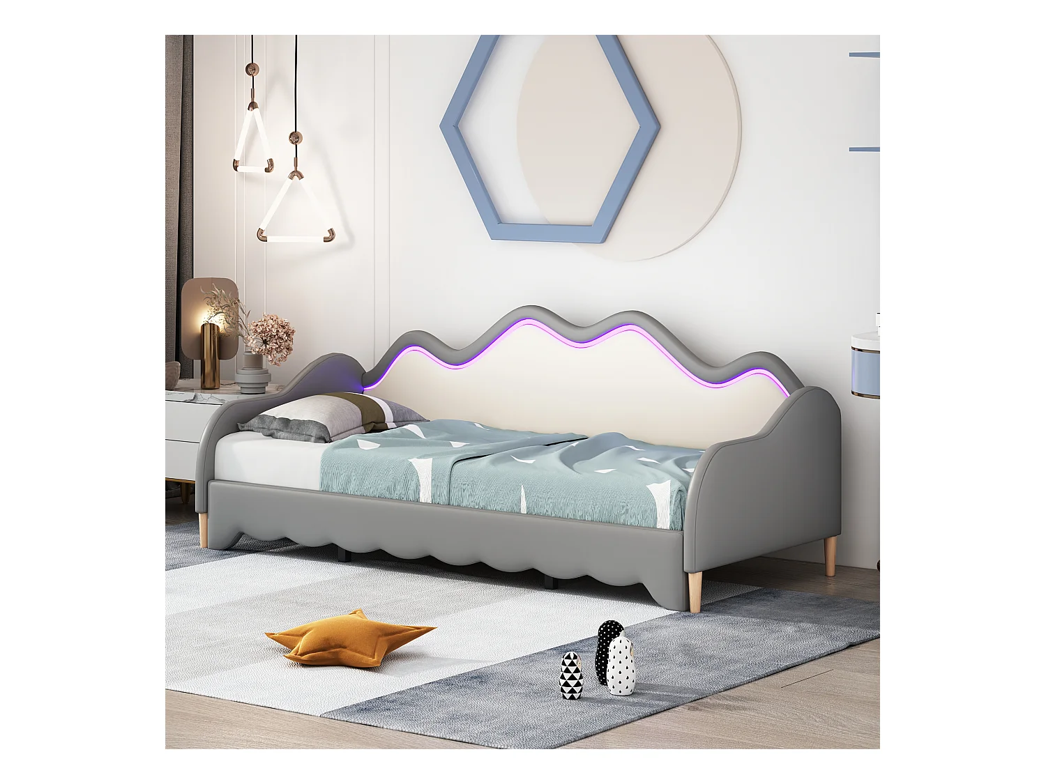 Lit enfant 90(180)x190 cm, canapé-lit simple avec lit gigogne et éclairage LED - en similicuir gris - sans matelas