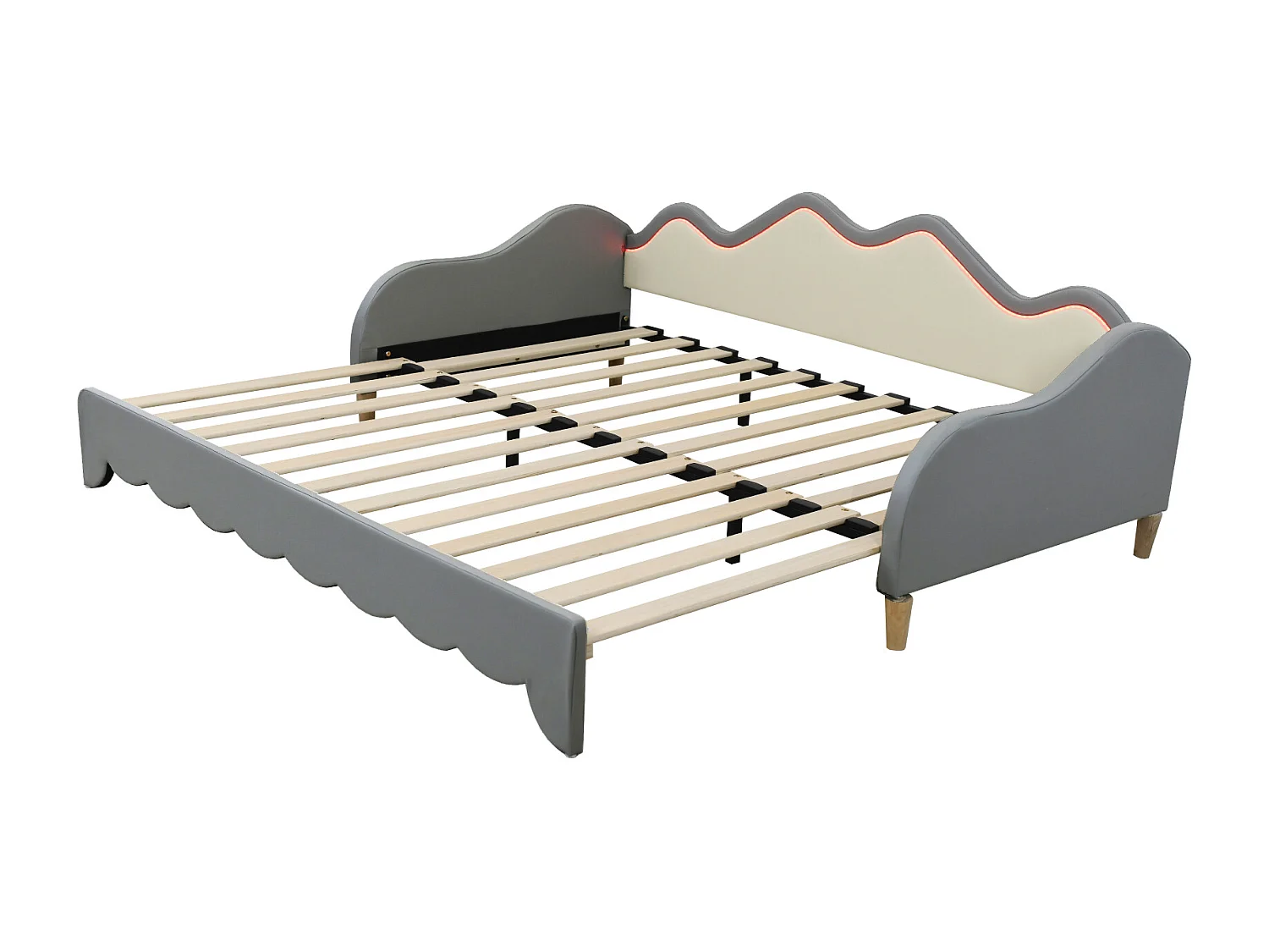 Lit enfant 90(180)x190 cm, canapé-lit simple avec lit gigogne et éclairage LED - en similicuir gris - sans matelas