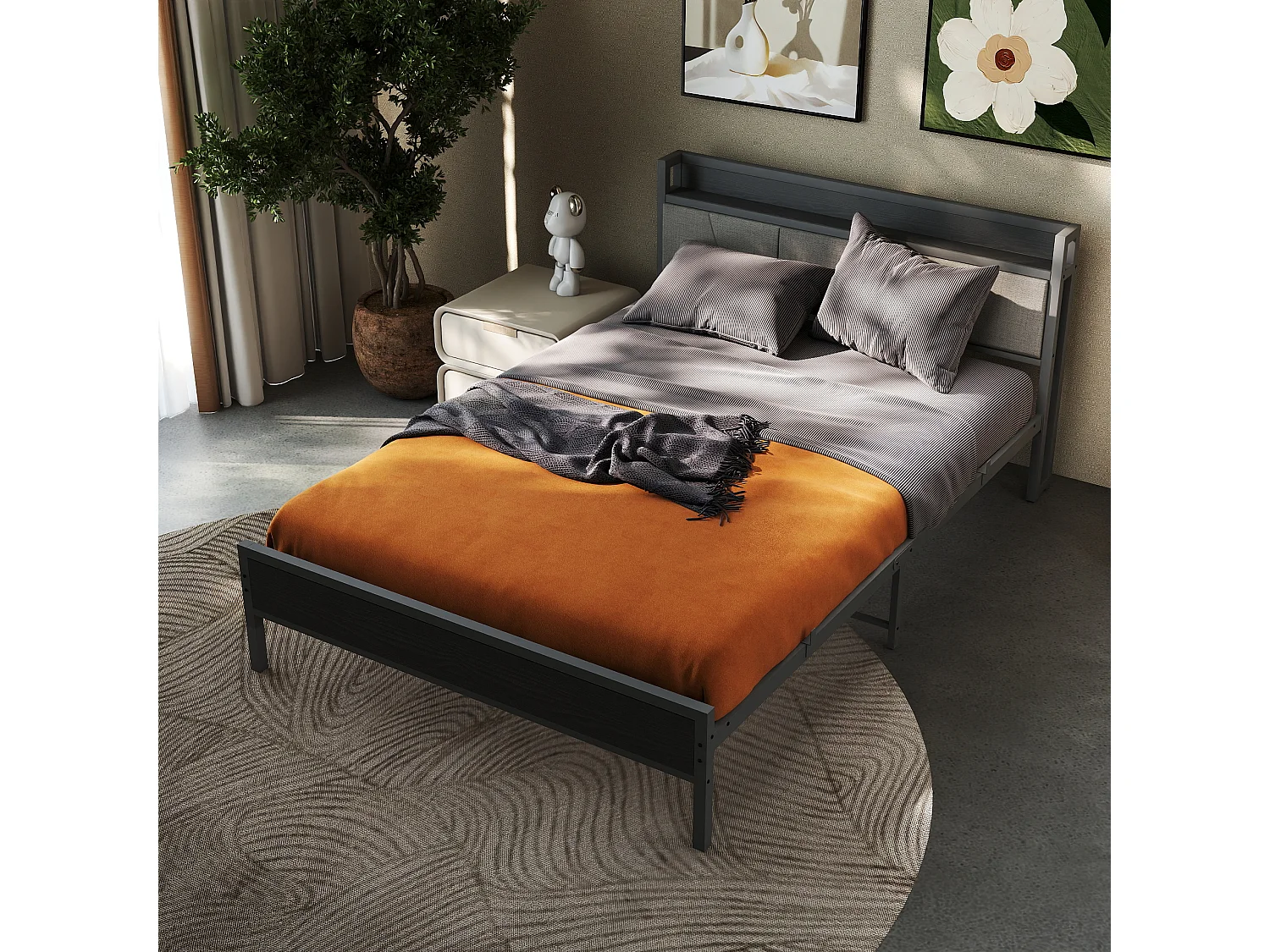 Lit adulte 140x200cm en métal, cadre de lit noir avec tête de lit, 1 prise et 2 ports de charge usb