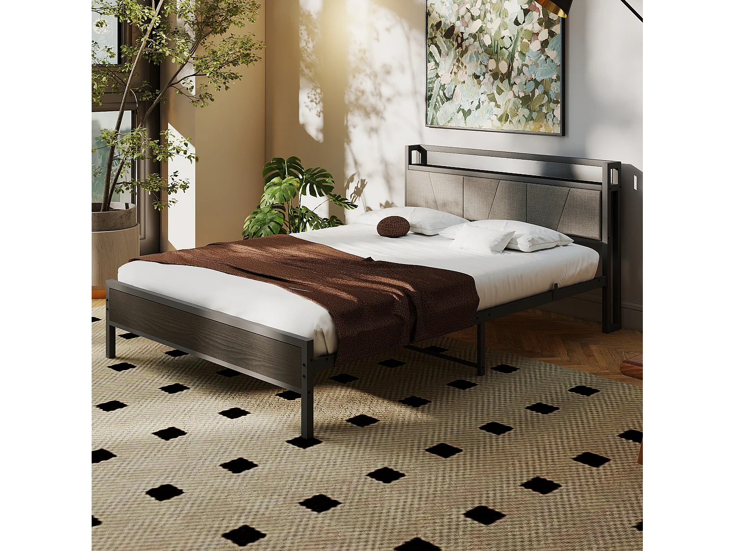 Lit adulte 140x200cm en métal, cadre de lit noir avec tête de lit, 1 prise et 2 ports de charge usb