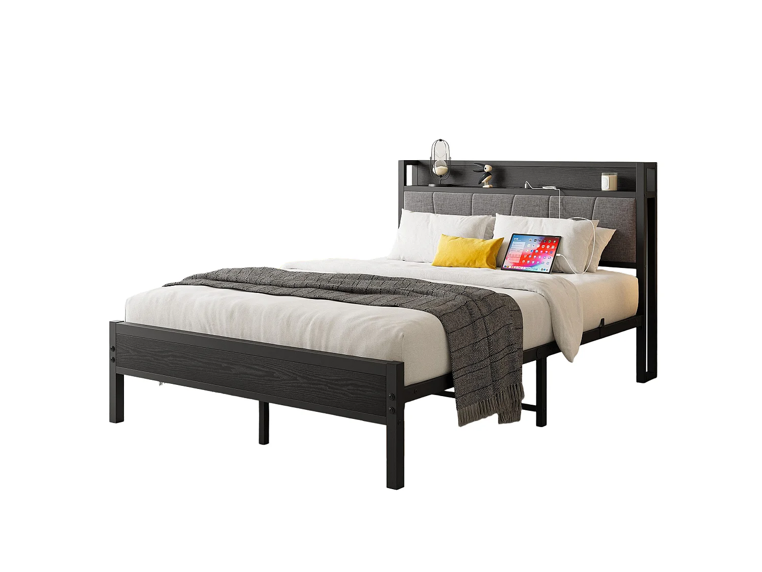 Lit adulte 140x200cm en métal, cadre de lit noir avec tête de lit, 1 prise et 2 ports de charge usb