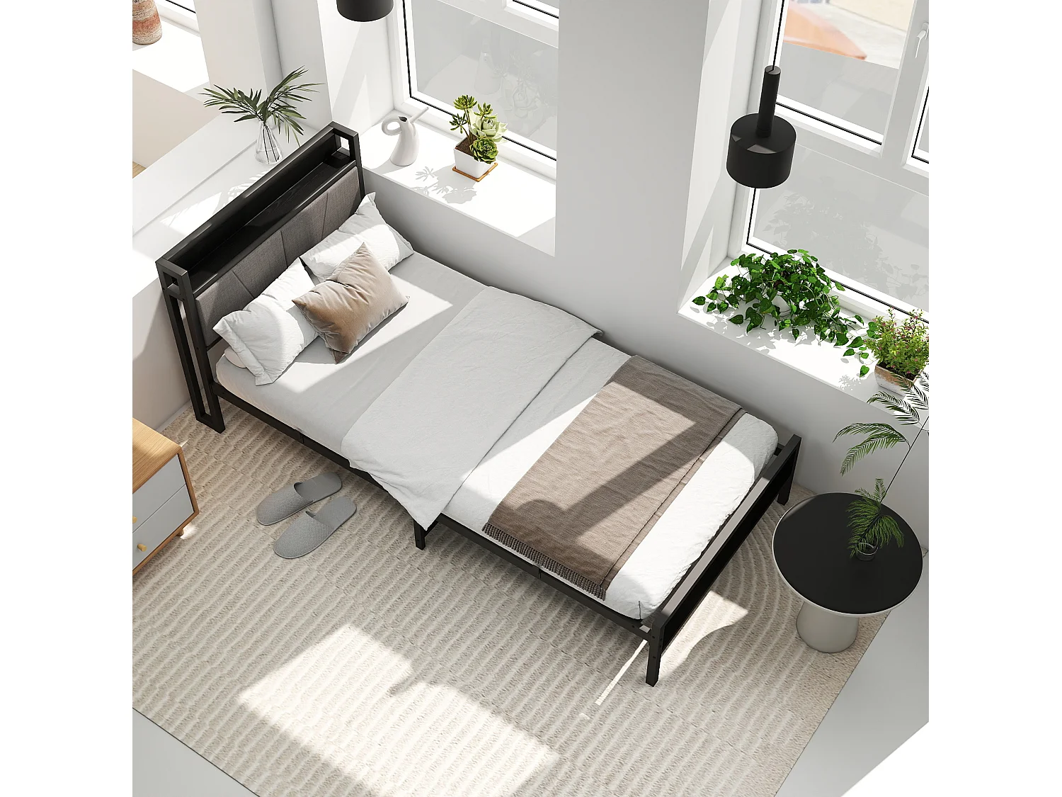 Lit adulte 140x200cm en métal, cadre de lit noir avec tête de lit, 1 prise et 2 ports de charge usb