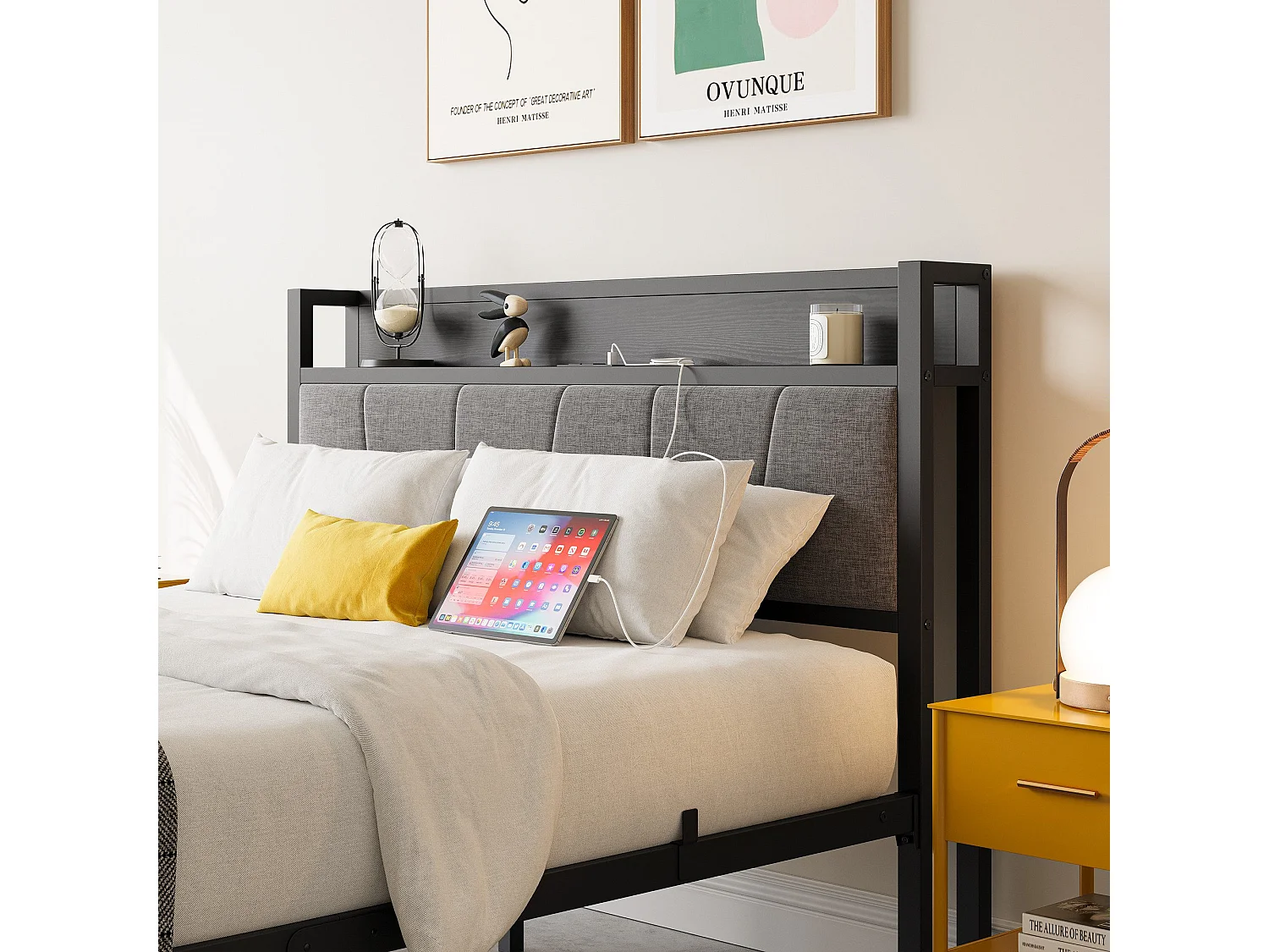 Lit adulte 140x200cm en métal, cadre de lit noir avec tête de lit, 1 prise et 2 ports de charge usb