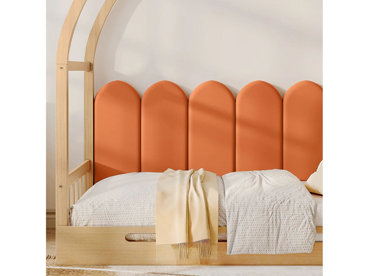 Lit extensible - Lit enfant 140x100/200cm - avec coussins en velours et cadre en pin - naturel