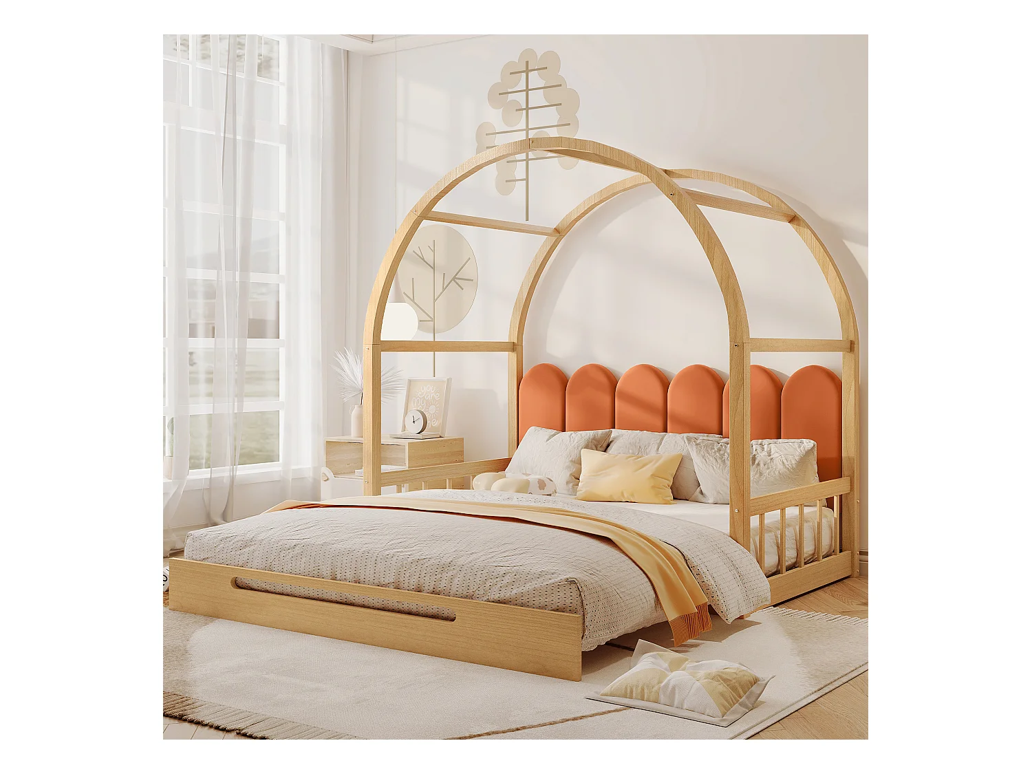 Lit extensible - Lit enfant 140x100/200cm - avec coussins en velours et cadre en pin - naturel