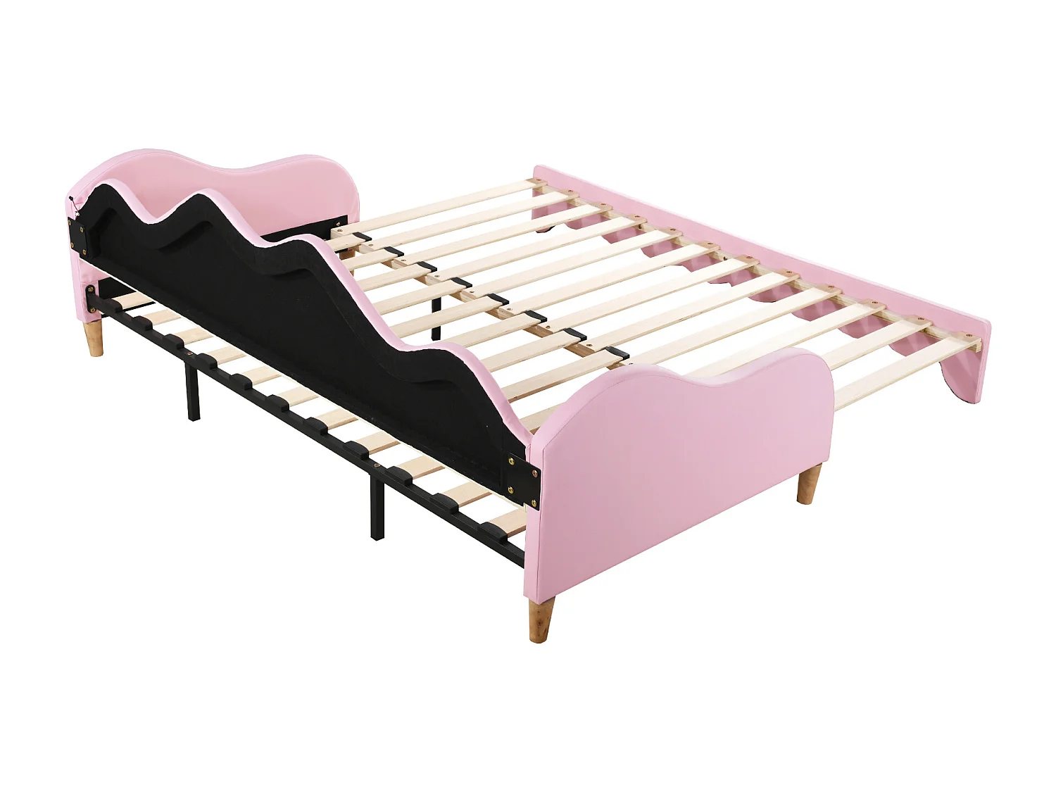 Lit enfant 90(180)x190 cm, canapé-lit simple avec lit gigogne et éclairage LED - en similicuir rose - sans matelas