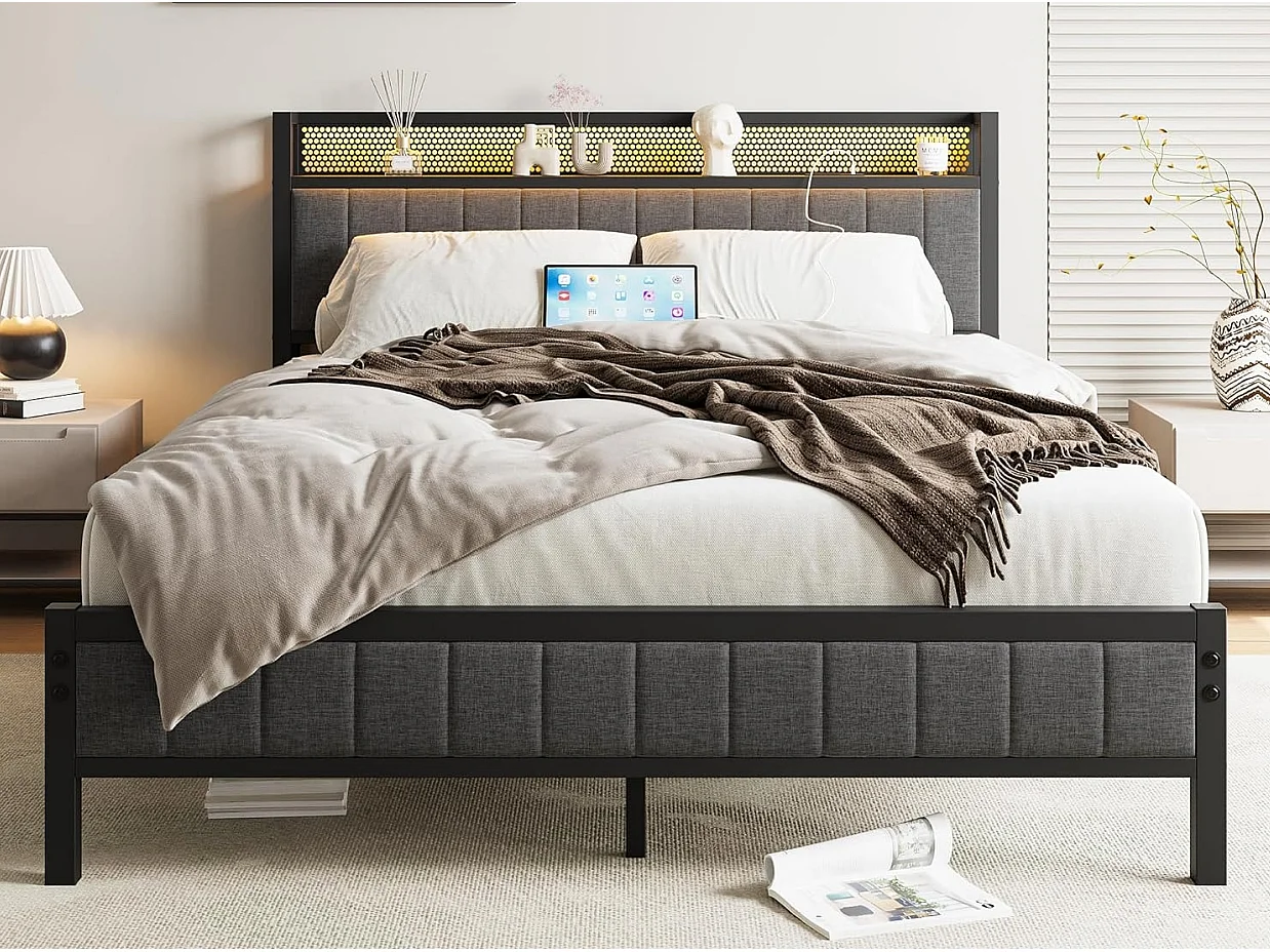 Lit adulte 140x200 cm en métal, cadre de lit noir avec sommier à lattes, ports usb intégrés