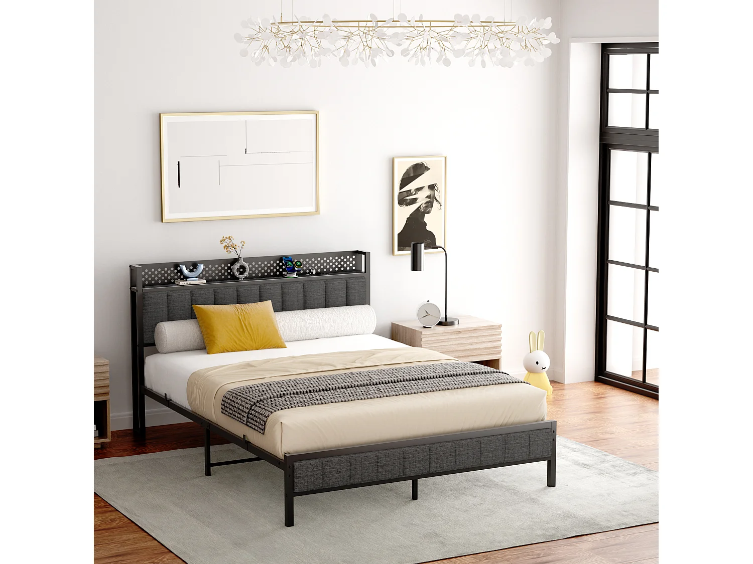 Lit adulte 140x200 cm en métal, cadre de lit noir avec sommier à lattes, ports usb intégrés