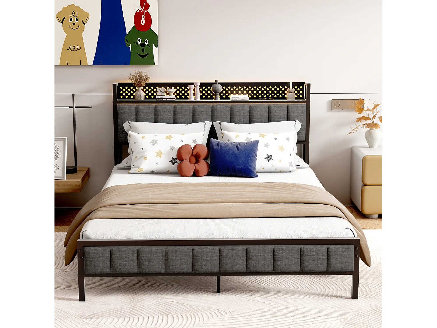 Lit adulte 140x200 cm en métal, cadre de lit noir avec sommier à lattes, ports usb intégrés
