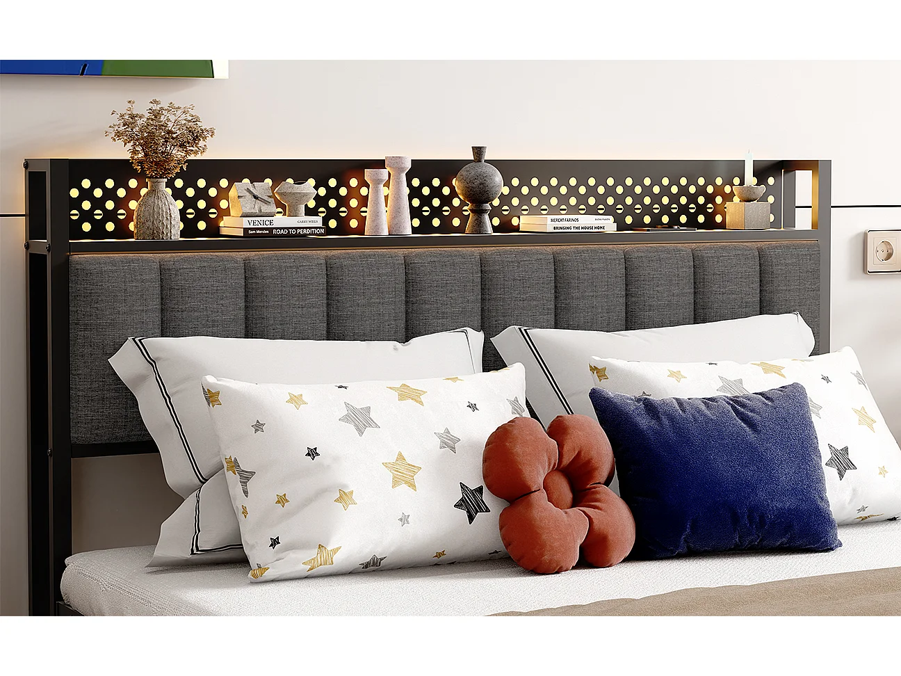 Lit adulte 140x200 cm en métal, cadre de lit noir avec sommier à lattes, ports usb intégrés