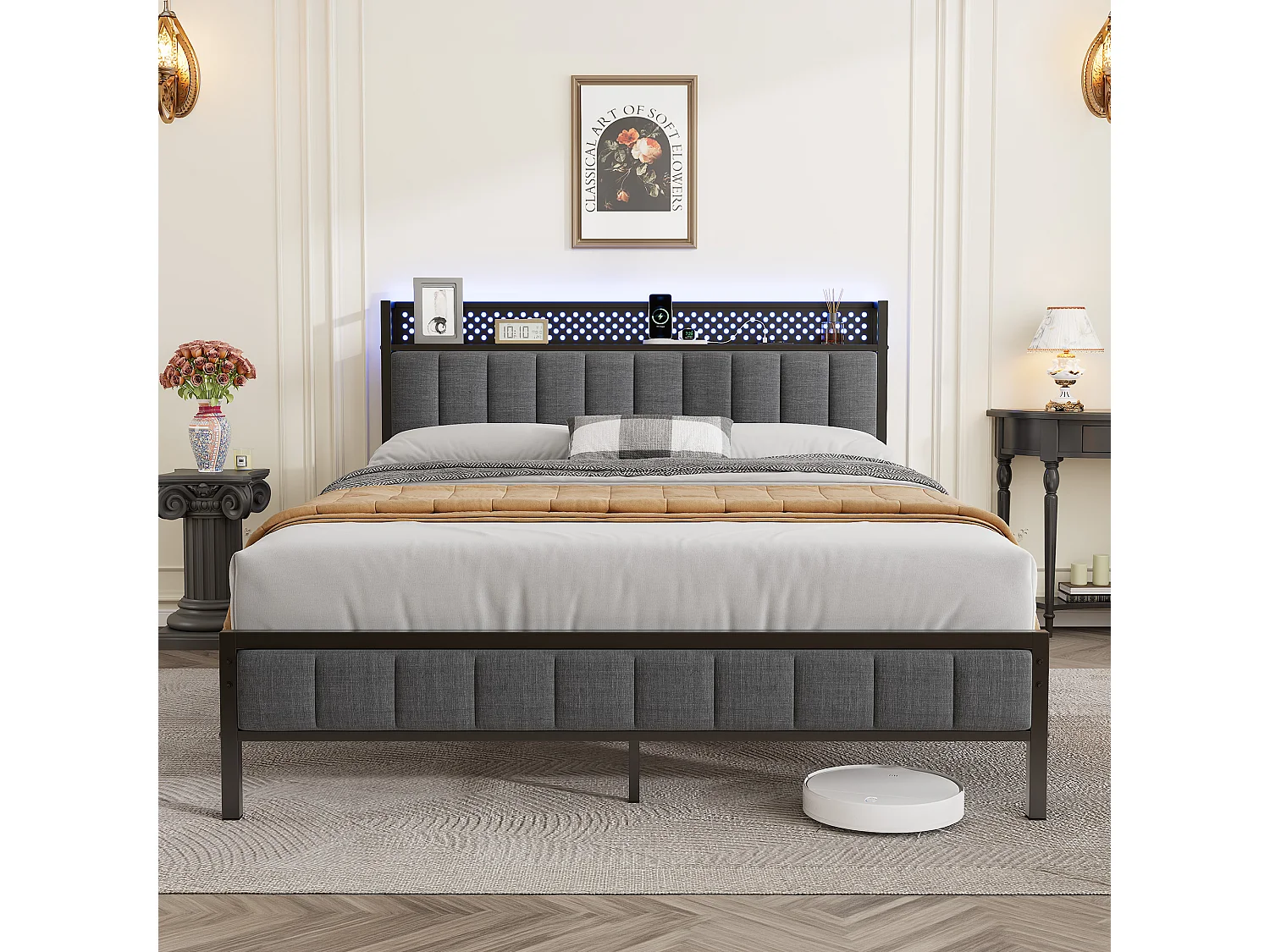Lit adulte 140x200 cm, tête de lit en tissu avec étagère et ports USB, structure en métal, noir