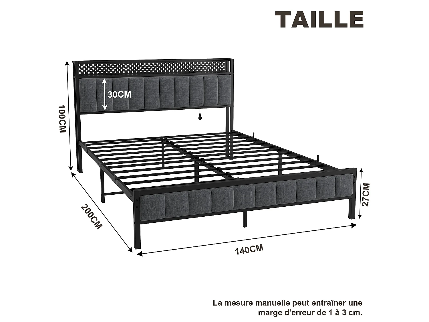 Lit adulte 140x200 cm, tête de lit en tissu avec étagère et ports USB, structure en métal, noir