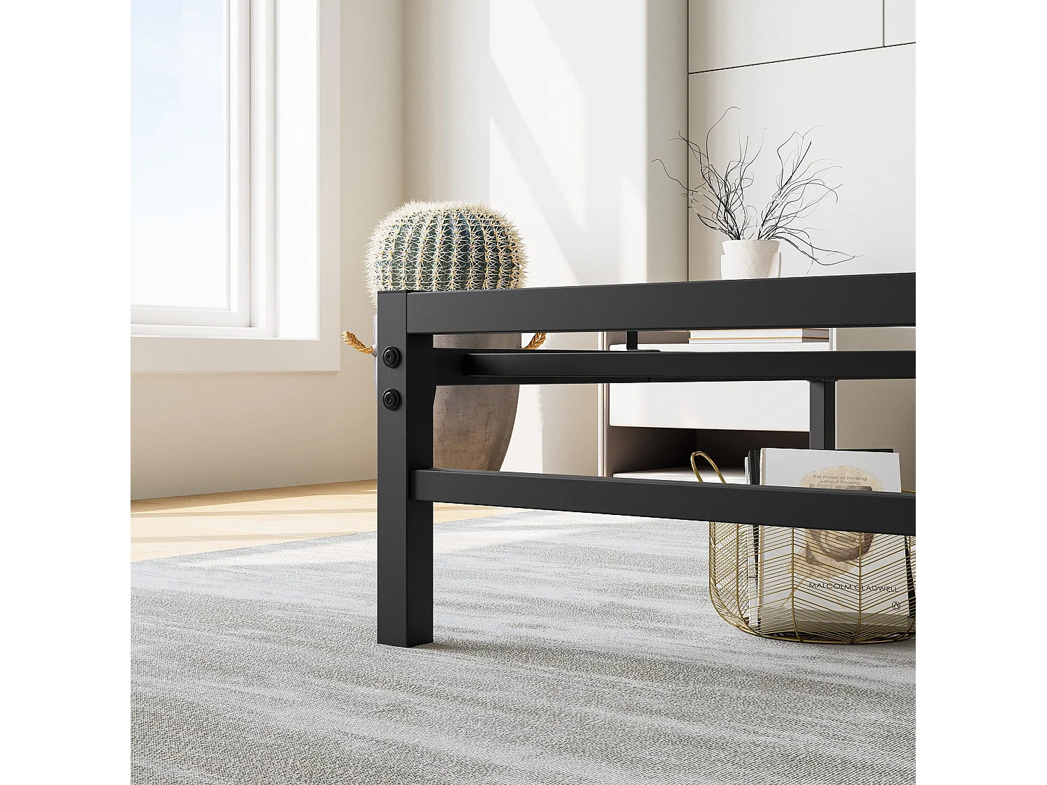 Lit adulte 140x200 cm avec tête de lit en MDF et sommier à lattes, structure en métal, noir