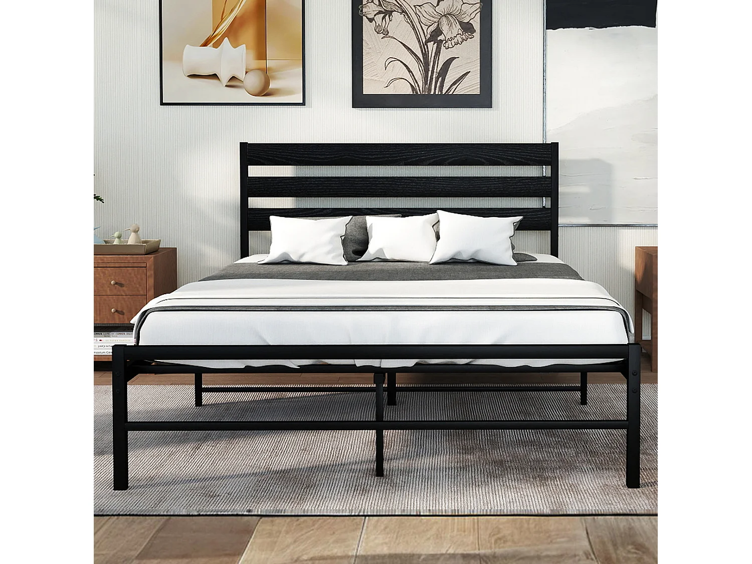 Lit adulte 140x200 cm avec tête de lit en MDF et sommier à lattes, structure en métal, noir