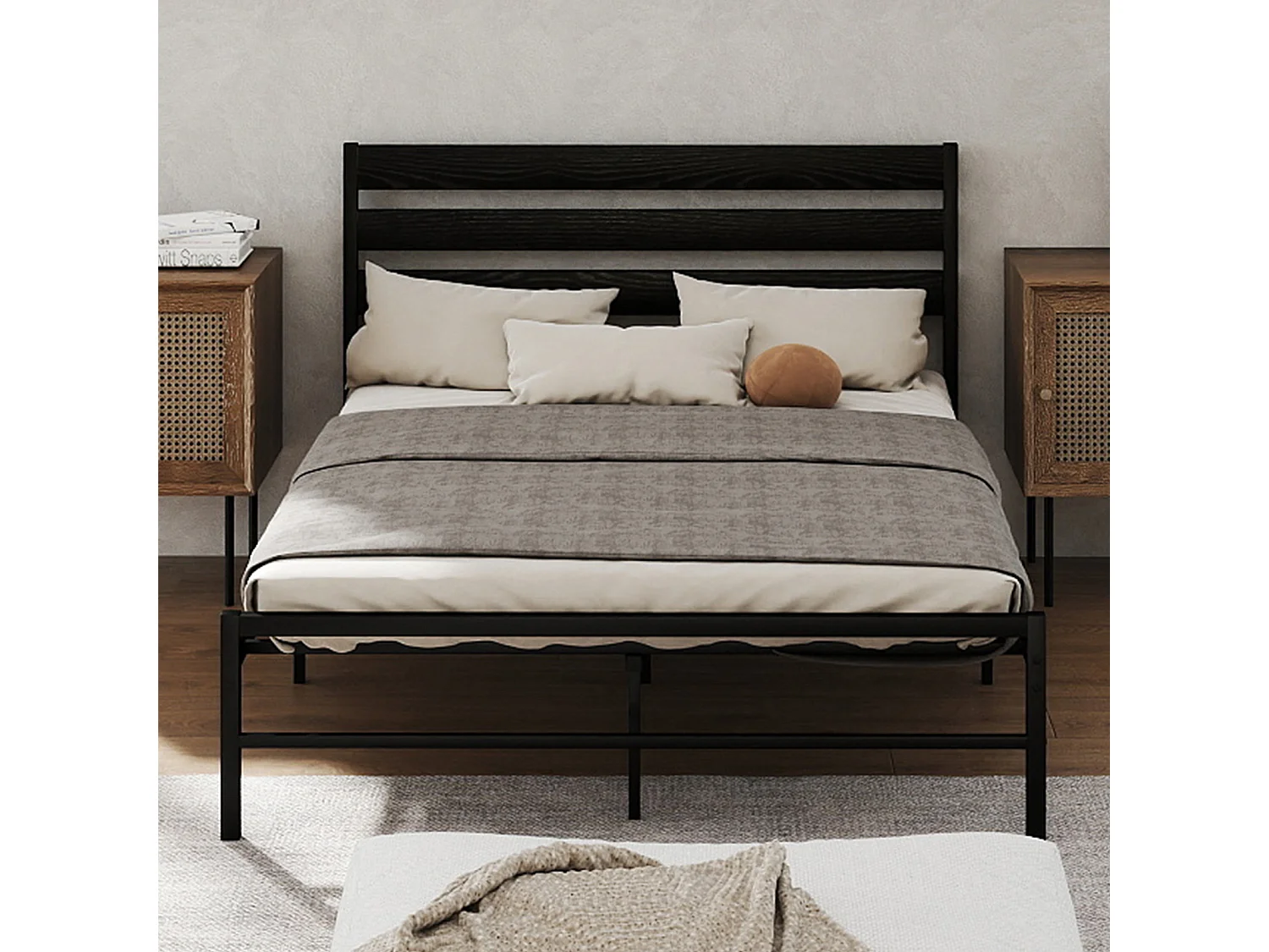 Lit adulte 140x200 cm avec tête de lit en MDF et sommier à lattes, structure en métal, noir