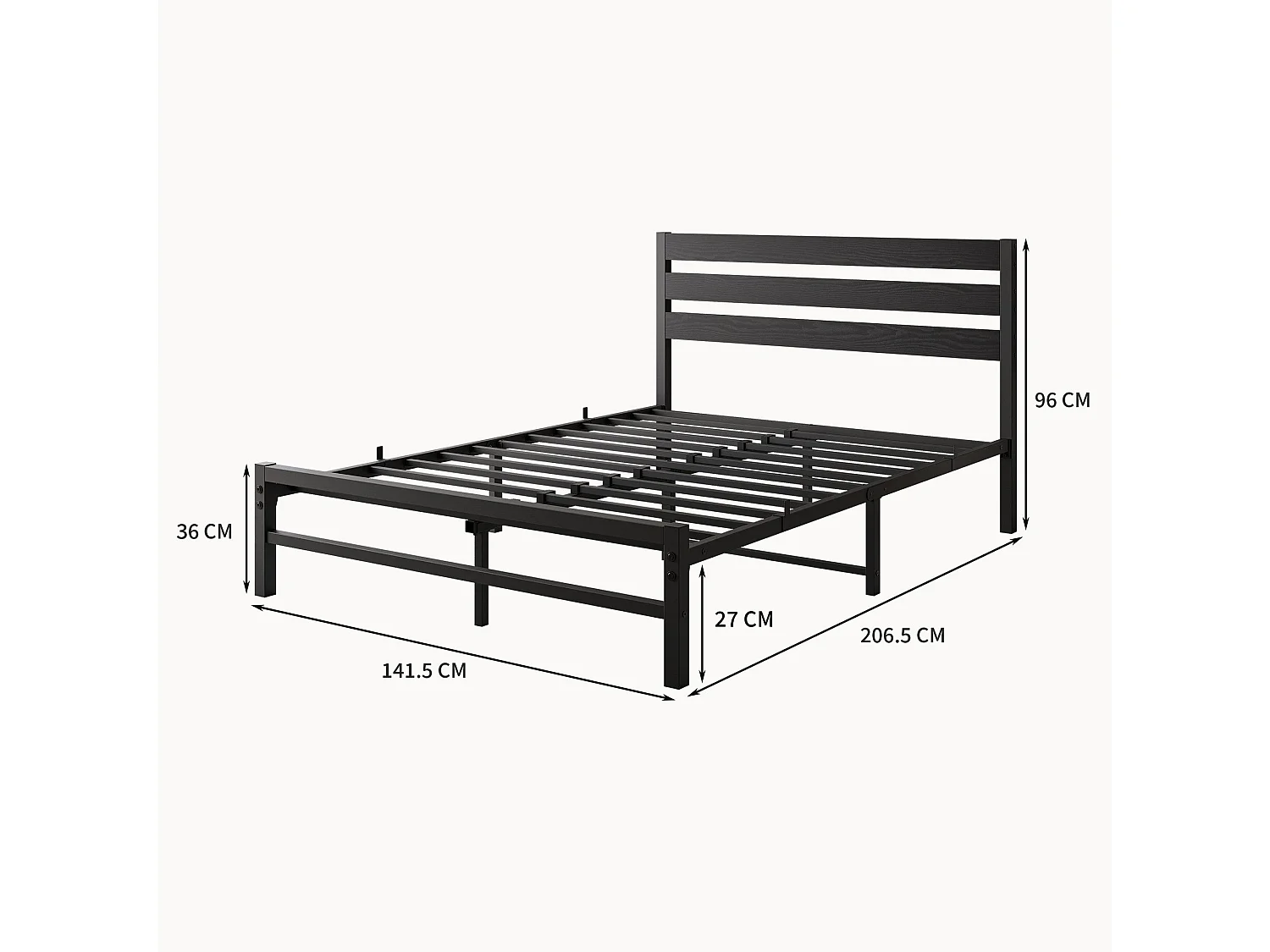 Lit adulte 140x200 cm avec tête de lit en MDF et sommier à lattes, structure en métal, noir