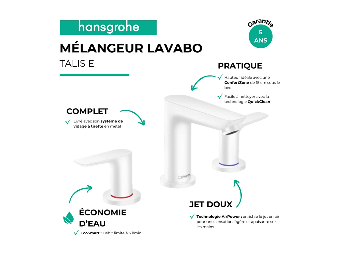 Mélangeur de lavabo HANSGROHE Talis E 150 3 trous avec tirette et vidage blanc mat